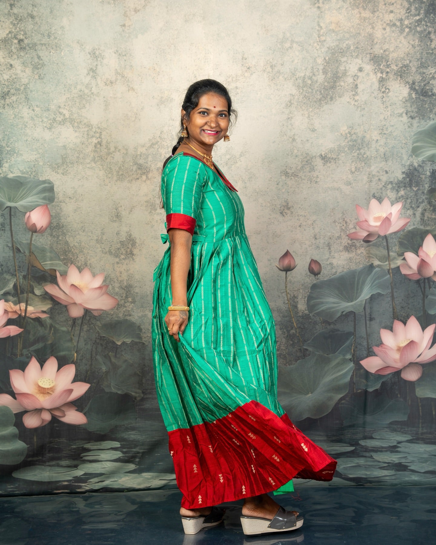 Raw Silk Red and Green Mom Daughter Combo - Feeding Long Gown for Mom | Baby Frock