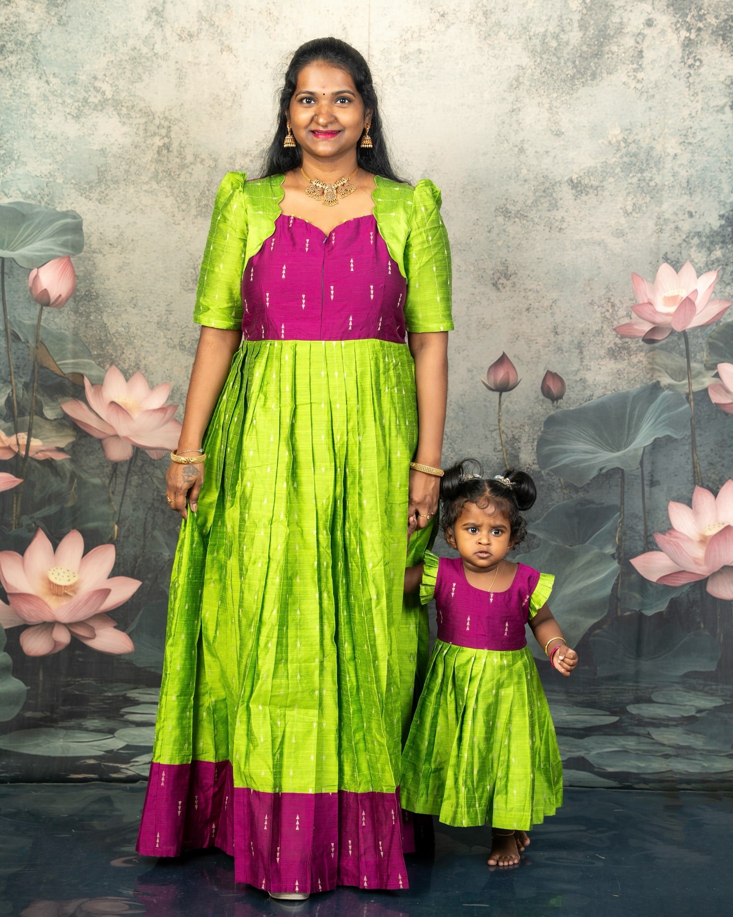 Raw Silk Light Green and Purple Mom Daughter Combo - Feeding Long Gown for Mom | Baby Frock