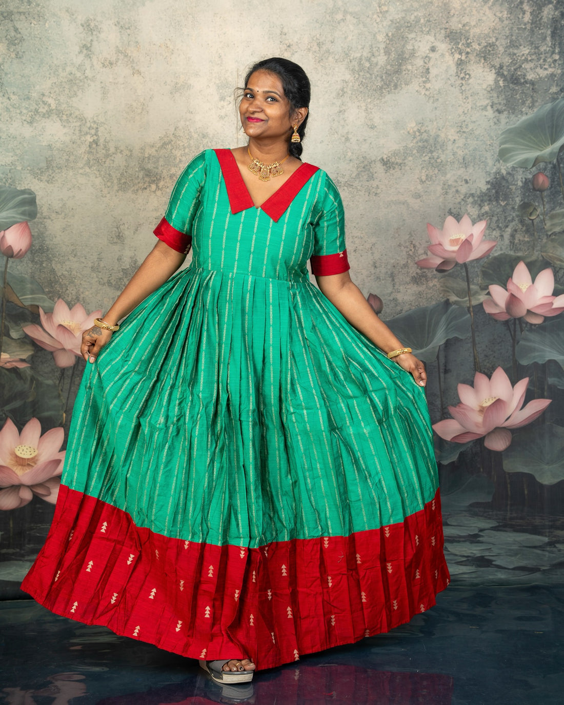 Raw Silk Red and Green Combo - Feeding Long Gown for Mom