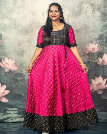 Raw Silk Black and Pink Combo - Feeding Long Gown for Mom