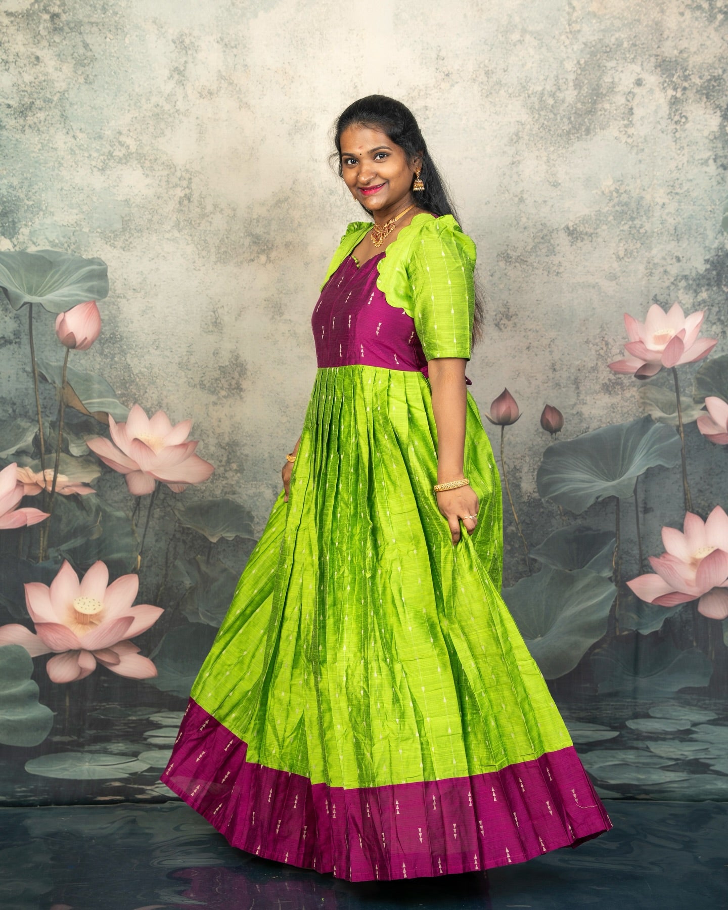 Raw Silk Light Green and Purple Mom Daughter Combo - Feeding Long Gown for Mom | Baby Frock