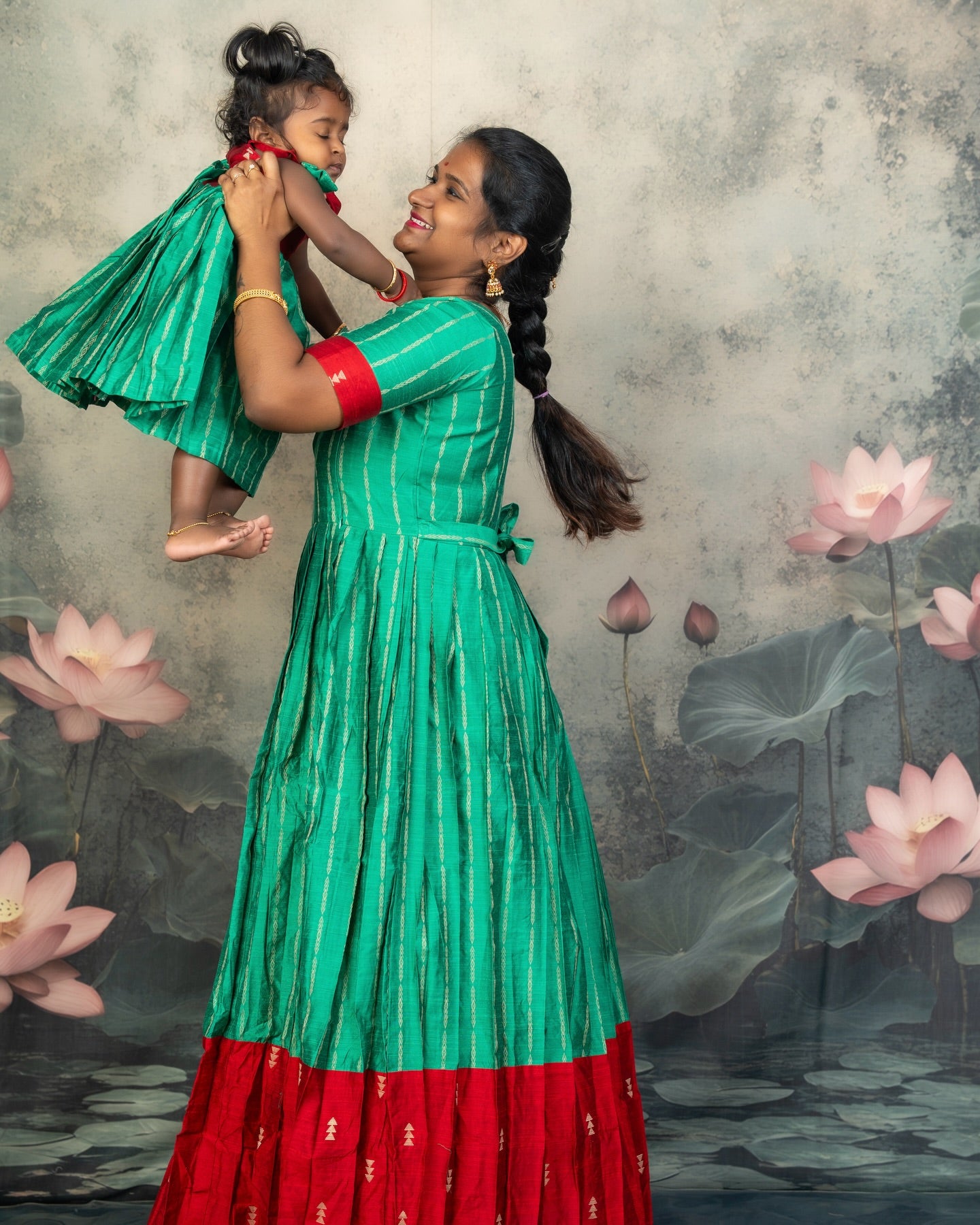 Raw Silk Red and Green Mom Daughter Combo - Feeding Long Gown for Mom | Baby Frock