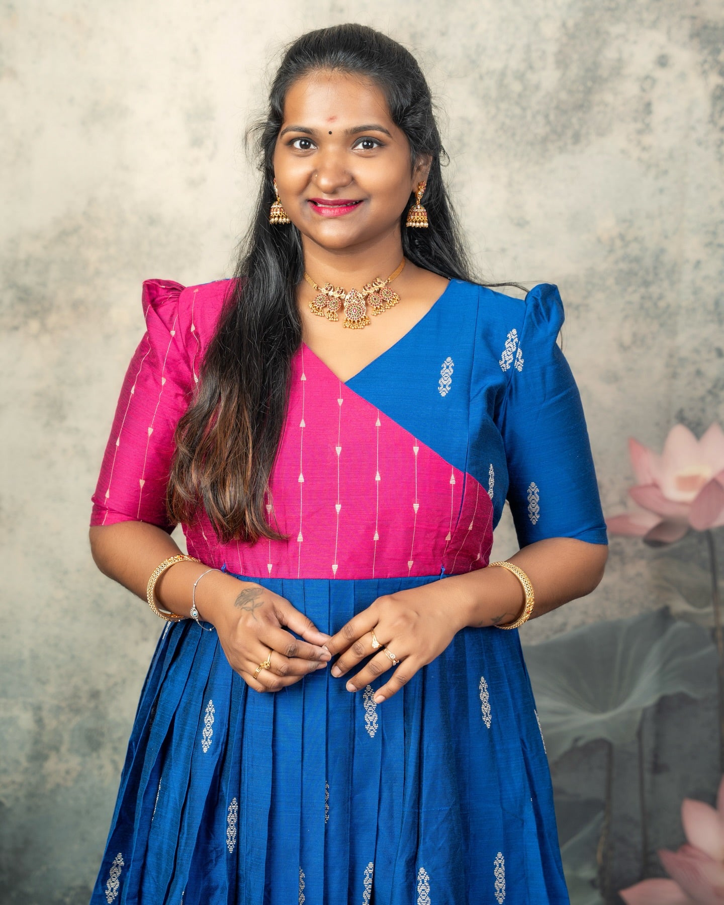 Raw Silk Pink and Blue Mom Daughter Combo - Feeding Long Gown for Mom | Baby Frock