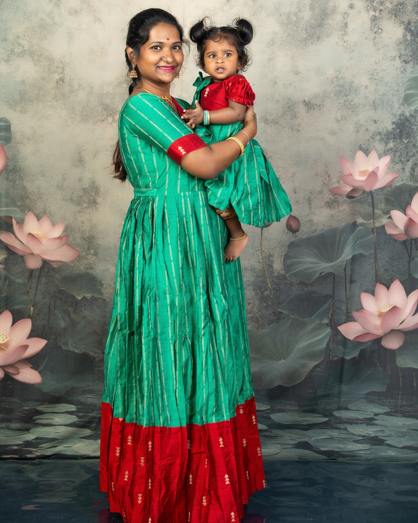 Raw Silk Red and Green Mom Daughter Combo - Feeding Long Gown for Mom | Baby Frock