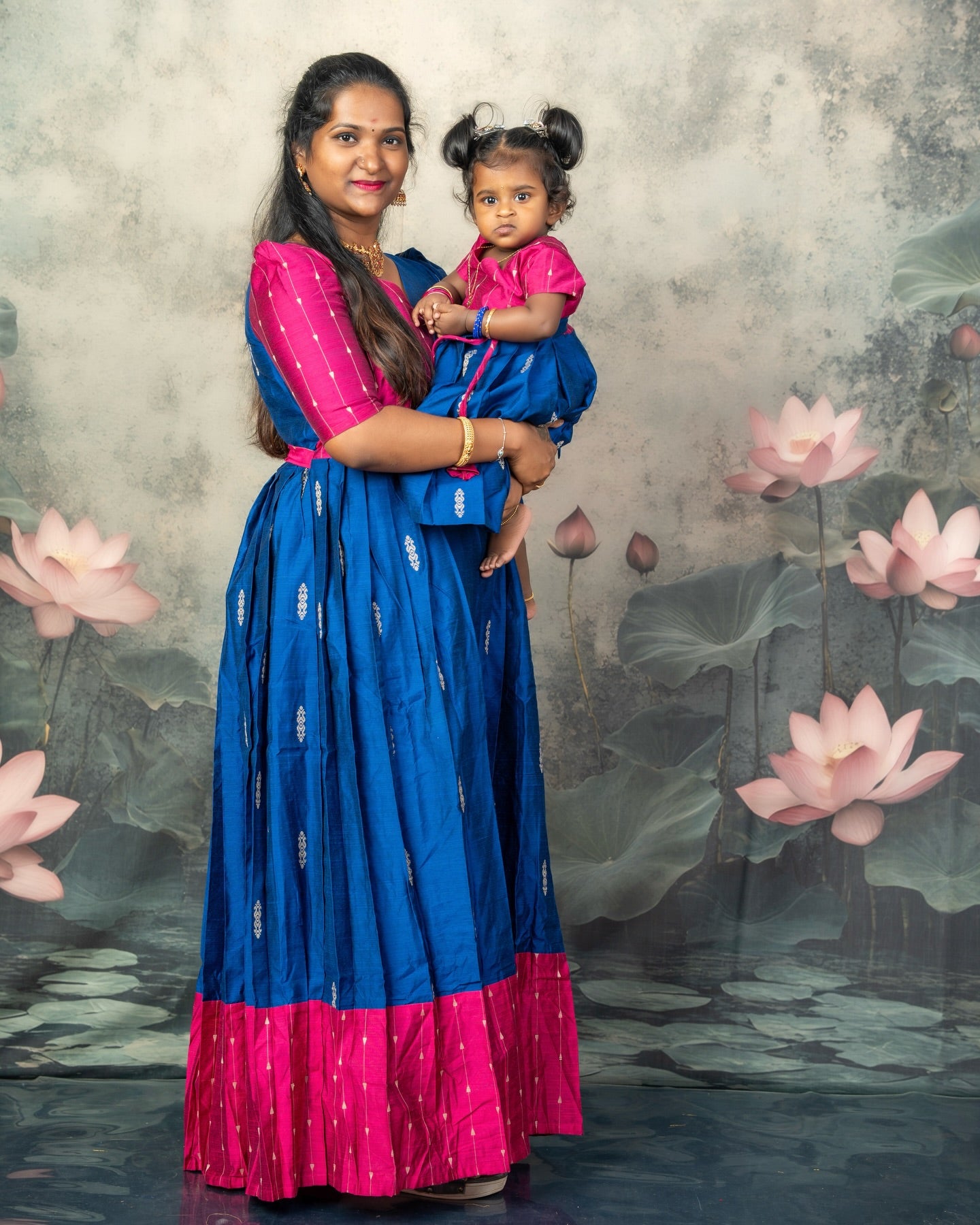 Raw Silk Pink and Blue Mom Daughter Combo - Feeding Long Gown for Mom | Baby Frock
