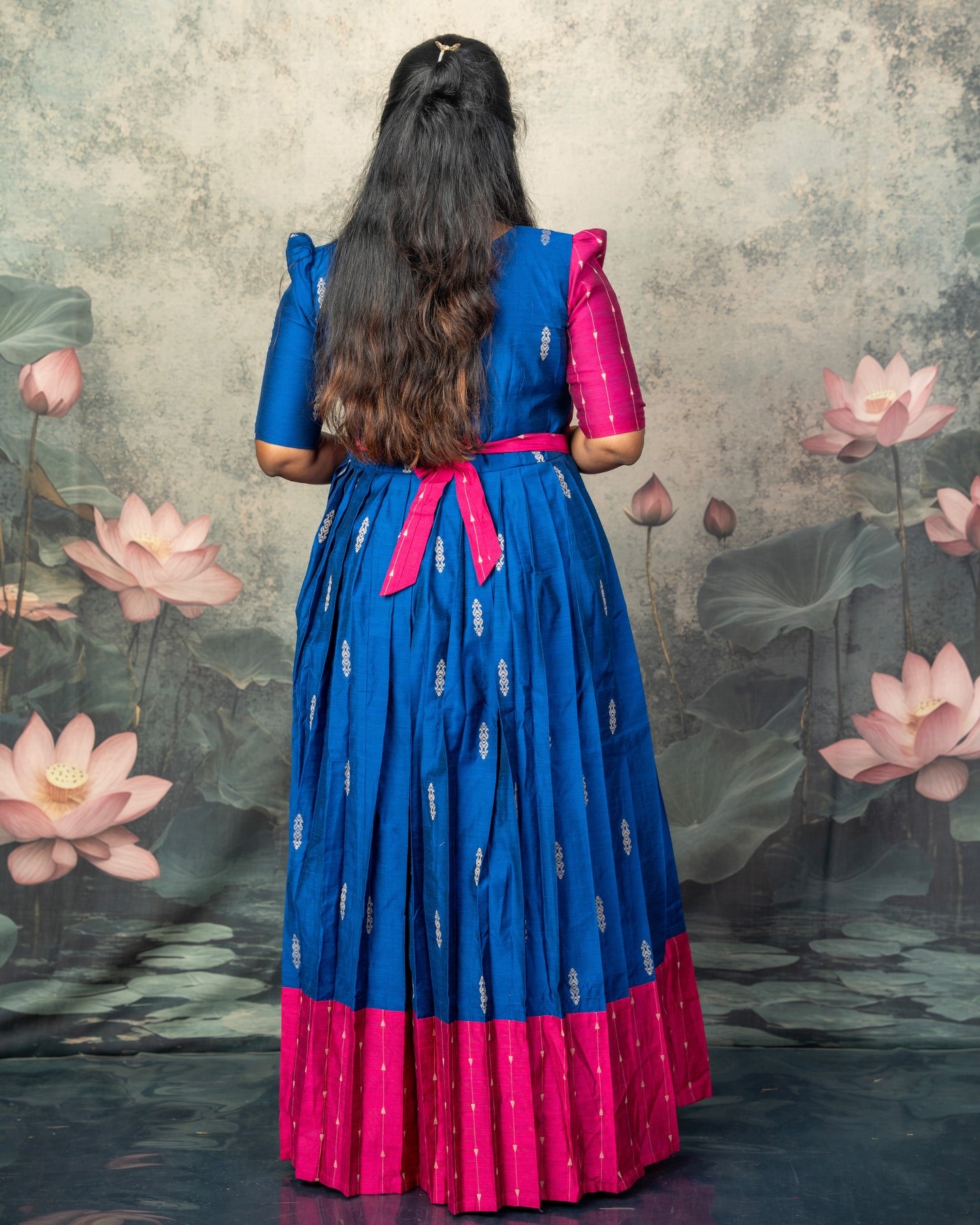 Raw Silk Pink and Blue Mom Daughter Combo - Feeding Long Gown for Mom | Baby Frock