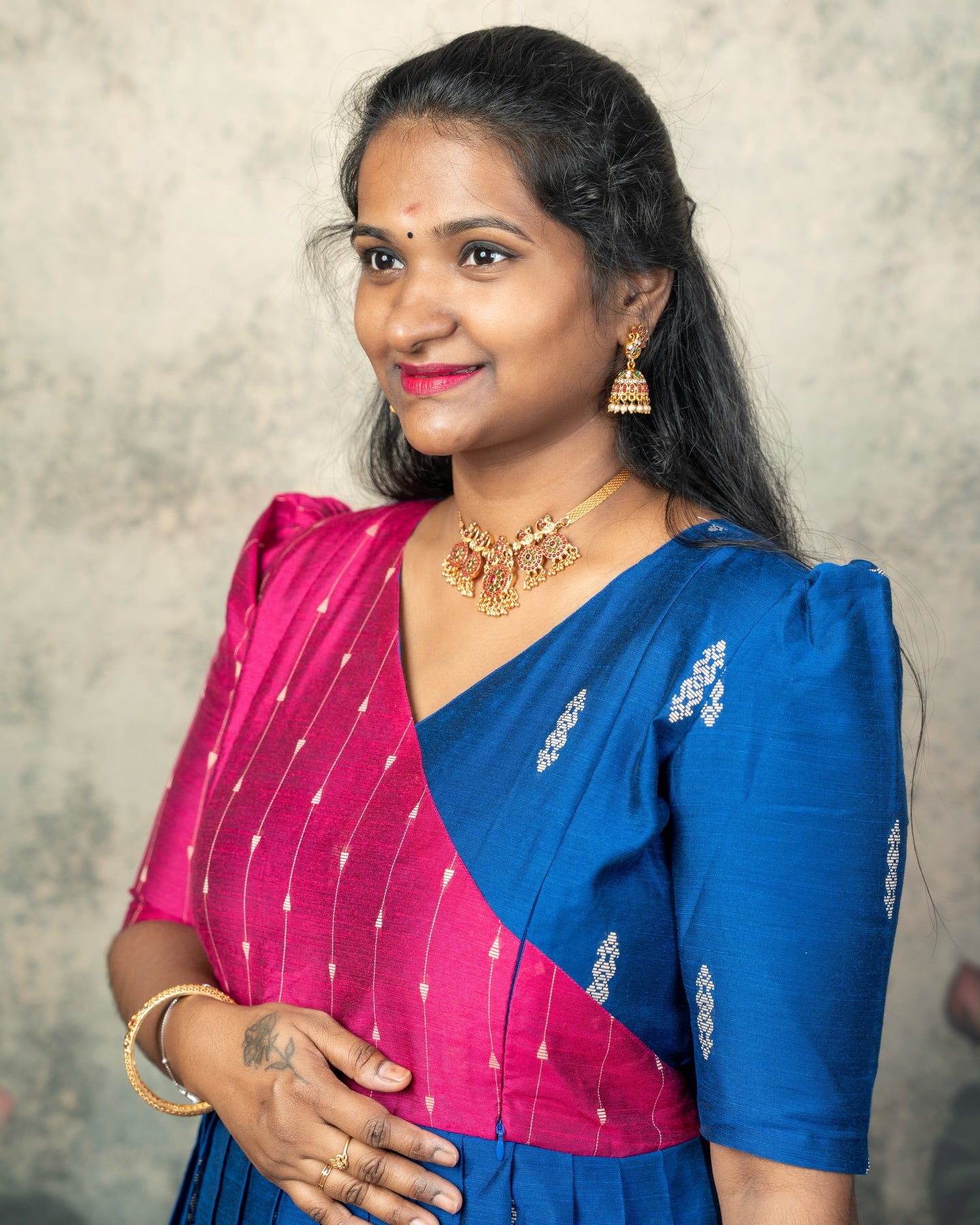 Raw Silk Pink and Blue Mom Daughter Combo - Feeding Long Gown for Mom | Baby Frock