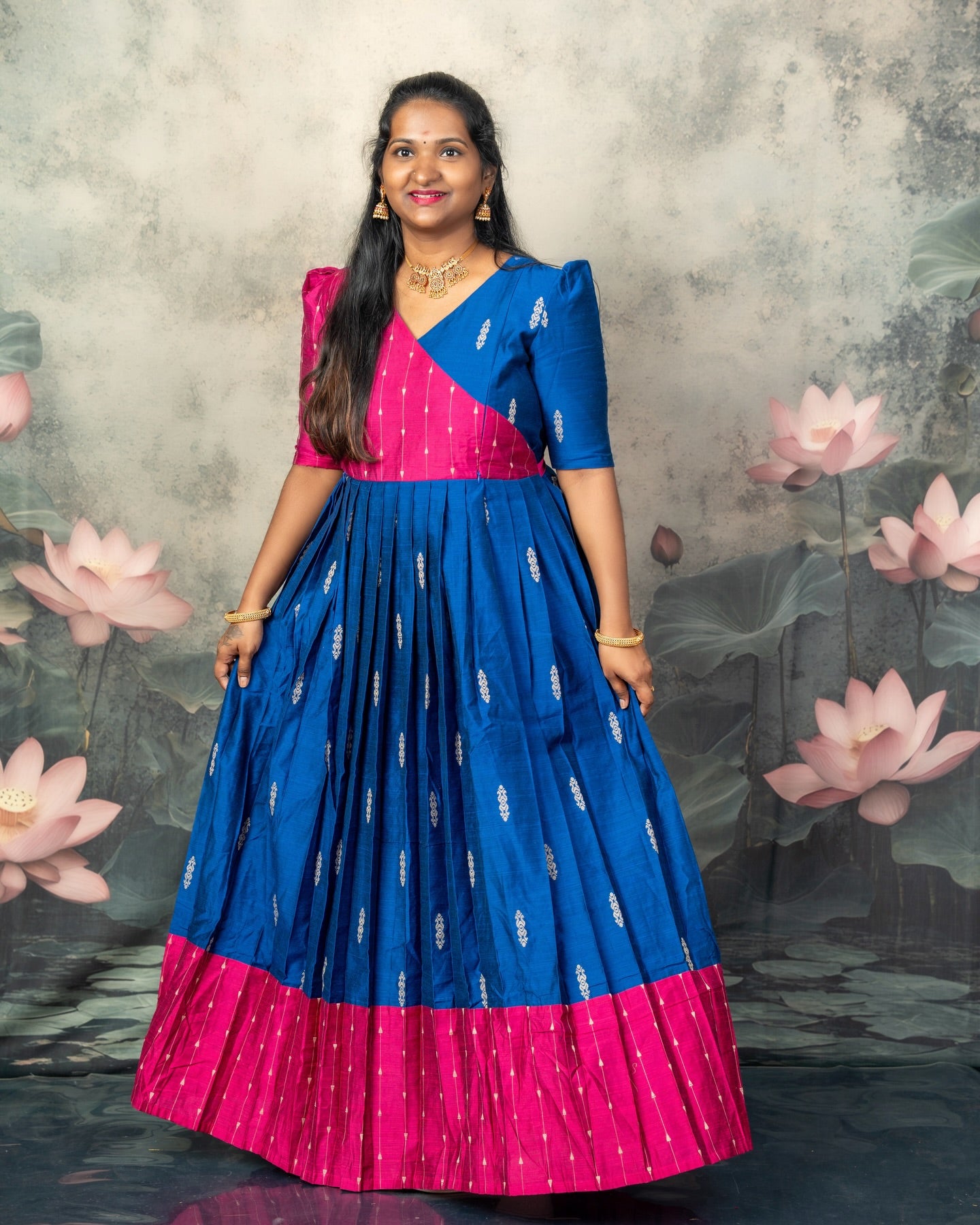 Raw Silk Pink and Blue Mom Daughter Combo - Feeding Long Gown for Mom | Baby Frock