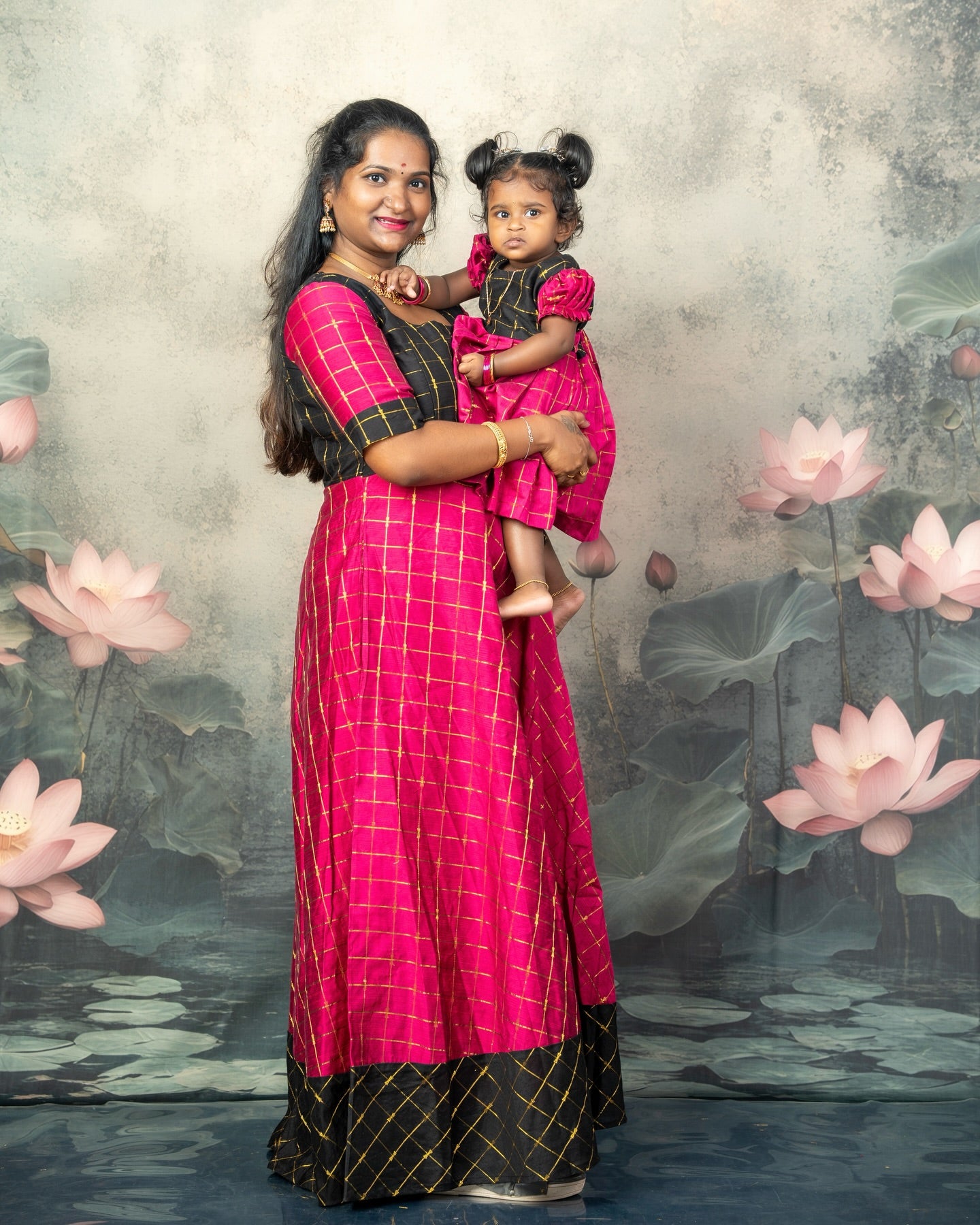 Raw Silk Black and Pink Mom Daughter Combo - Feeding Long Gown for Mom | Baby Frock