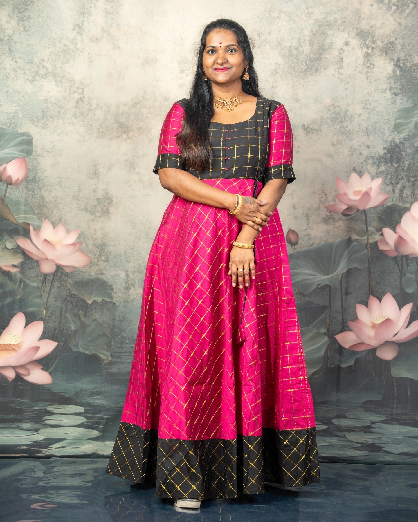 Raw Silk Black and Pink Mom Daughter Combo - Feeding Long Gown for Mom | Baby Frock