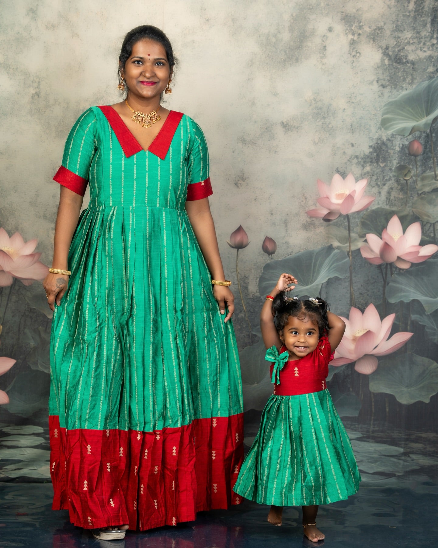 Raw Silk Red and Green Mom Daughter Combo - Feeding Long Gown for Mom | Baby Frock