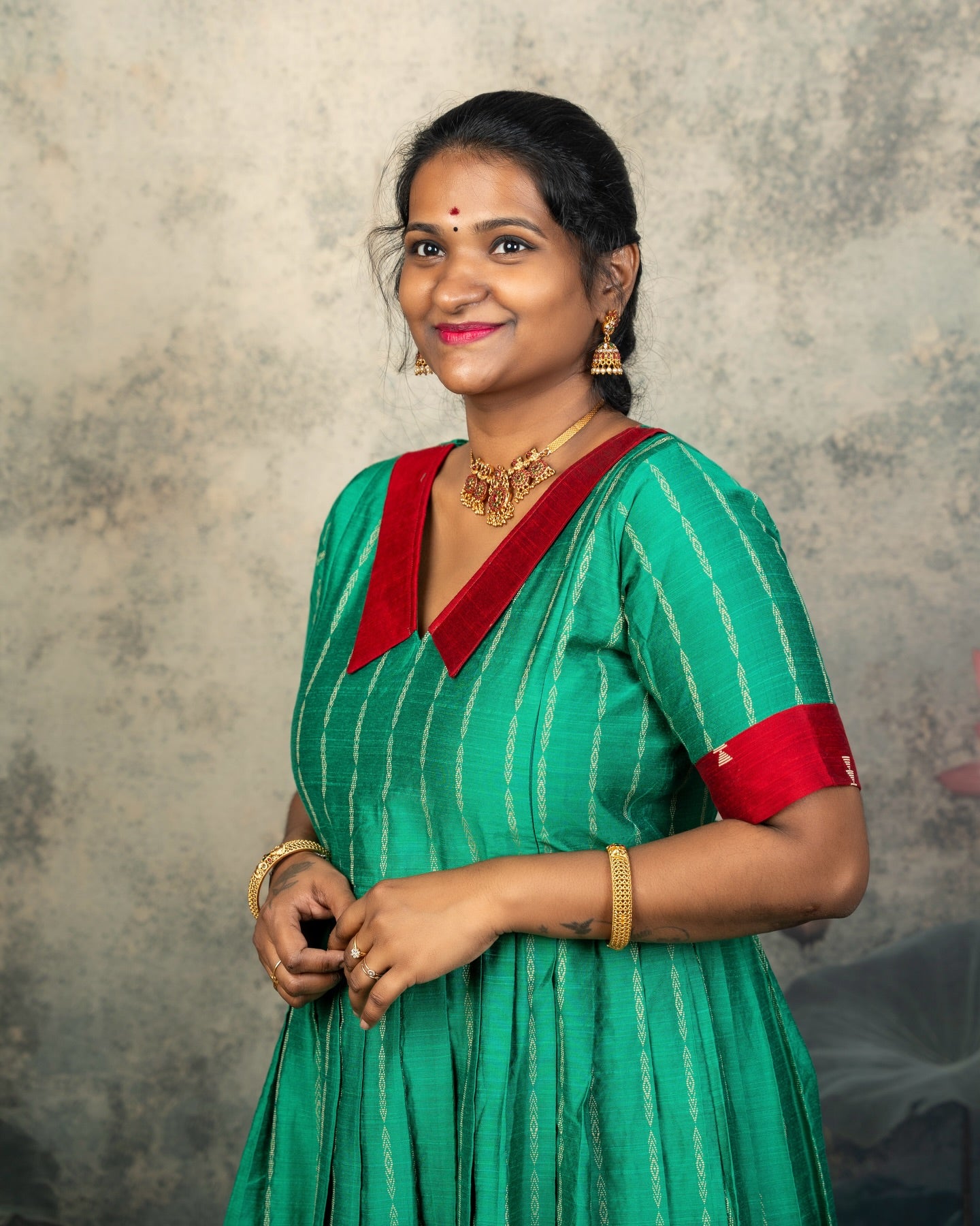 Raw Silk Red and Green Mom Daughter Combo - Feeding Long Gown for Mom | Baby Frock