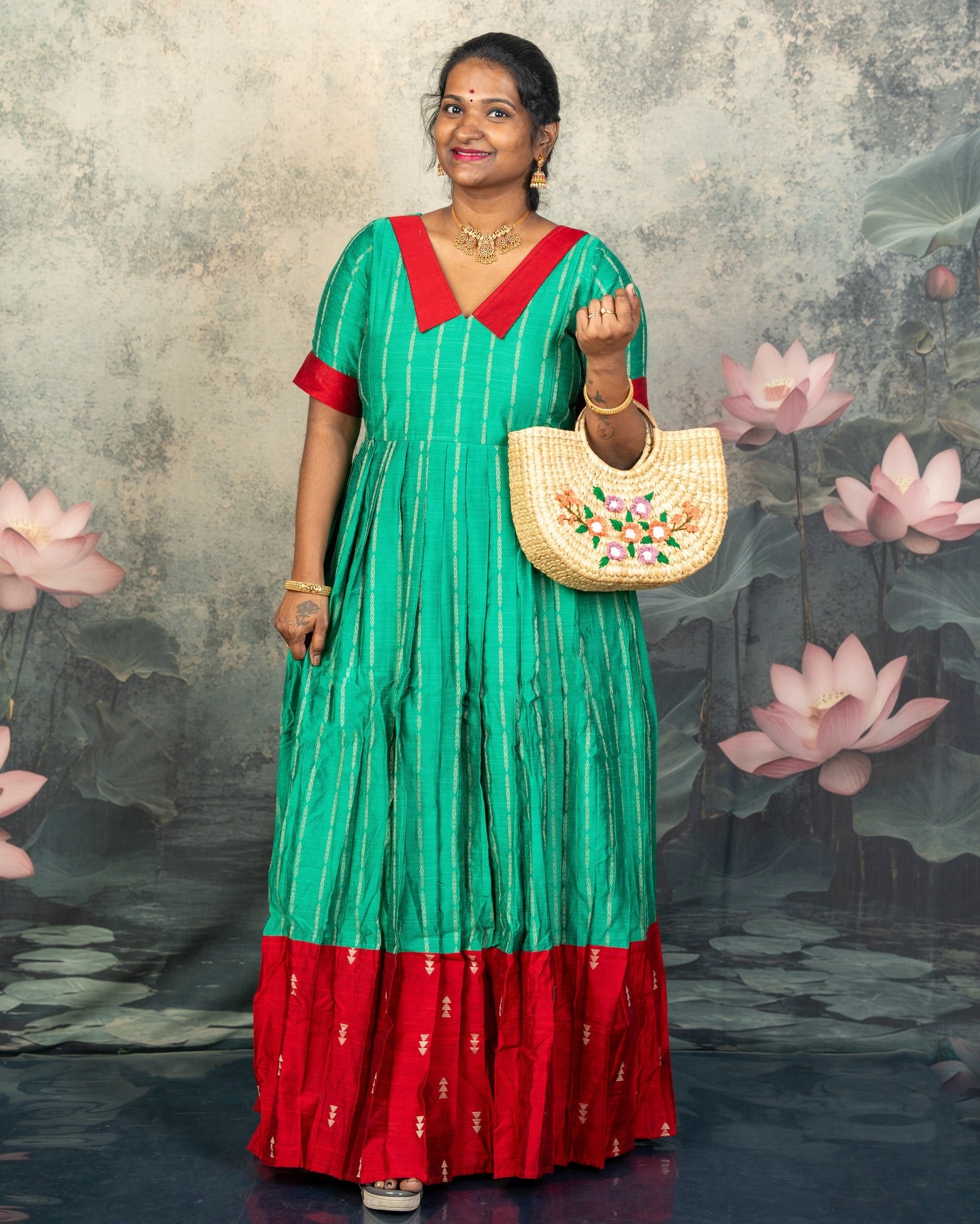 Raw Silk Red and Green Mom Daughter Combo - Feeding Long Gown for Mom | Baby Frock