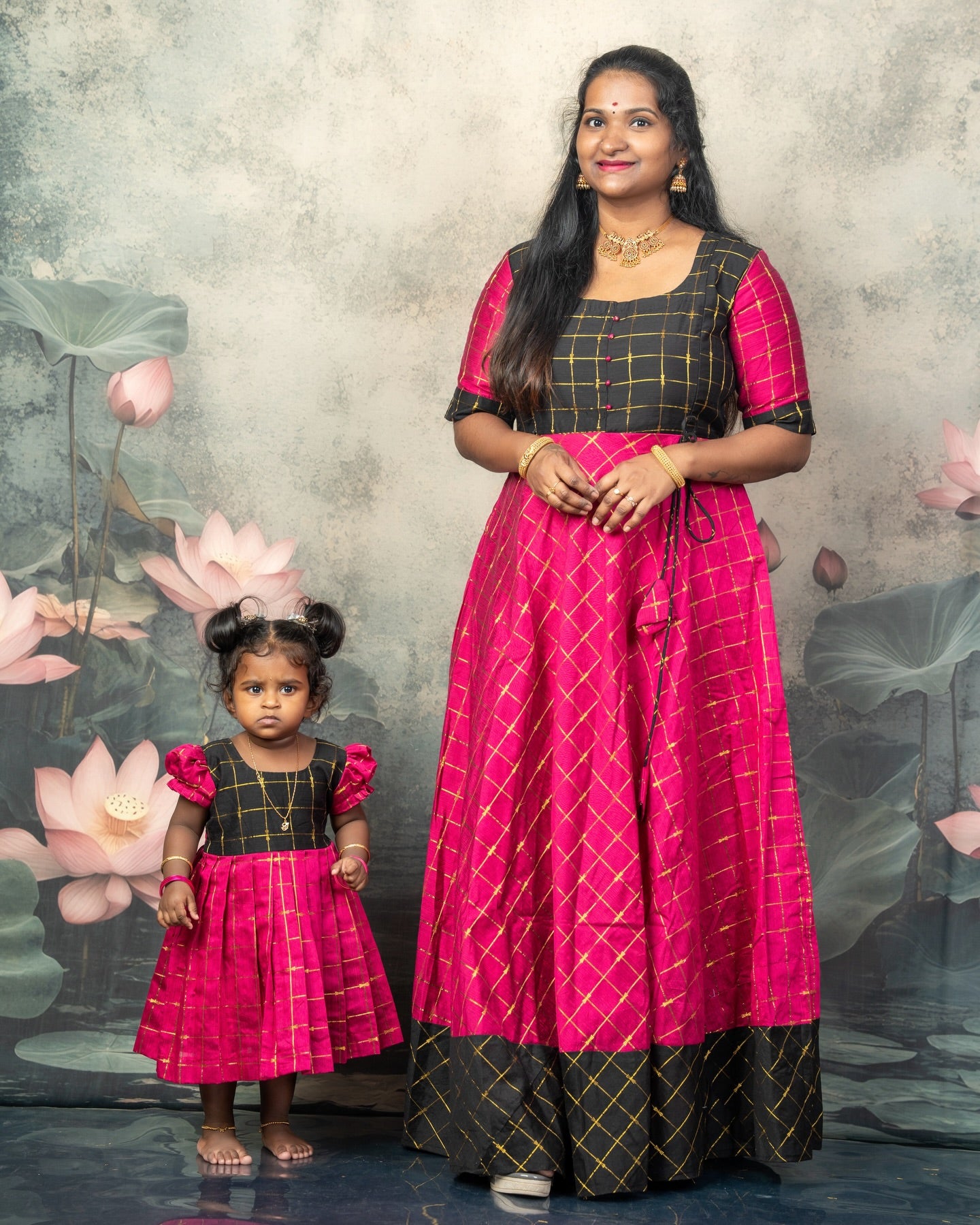 Raw Silk Black and Pink Mom Daughter Combo - Feeding Long Gown for Mom | Baby Frock