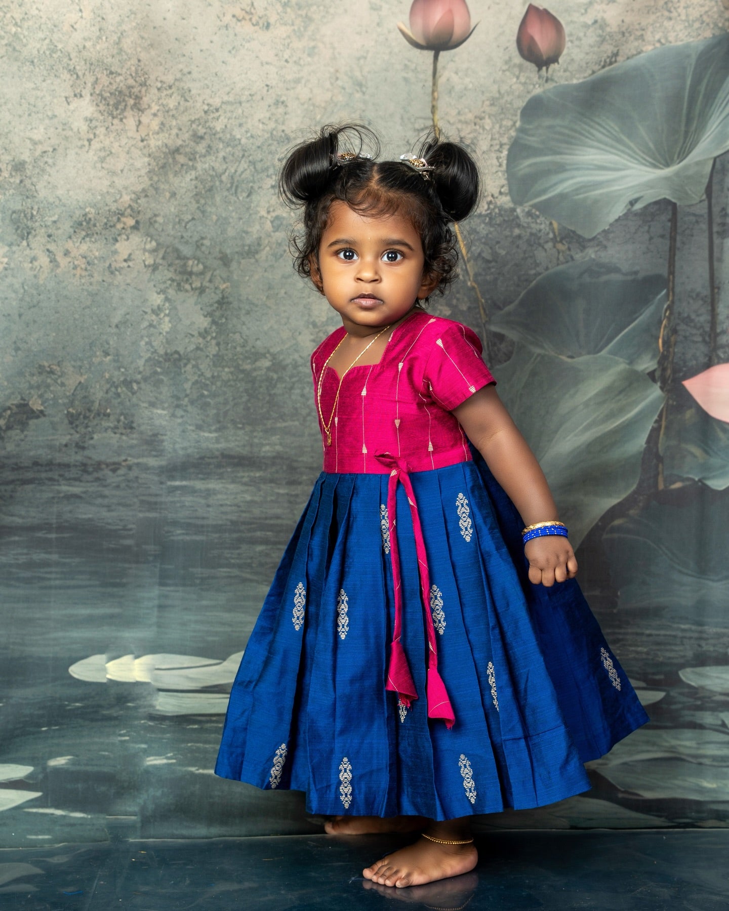 Raw Silk Pink and Blue Mom Daughter Combo - Feeding Long Gown for Mom | Baby Frock