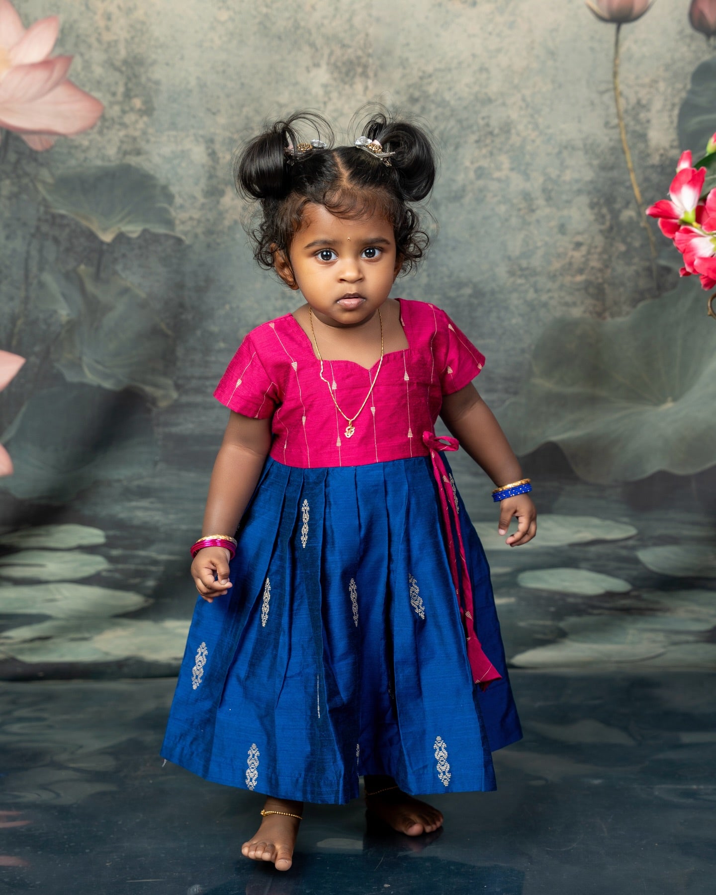 Raw Silk Pink and Blue Mom Daughter Combo - Feeding Long Gown for Mom | Baby Frock