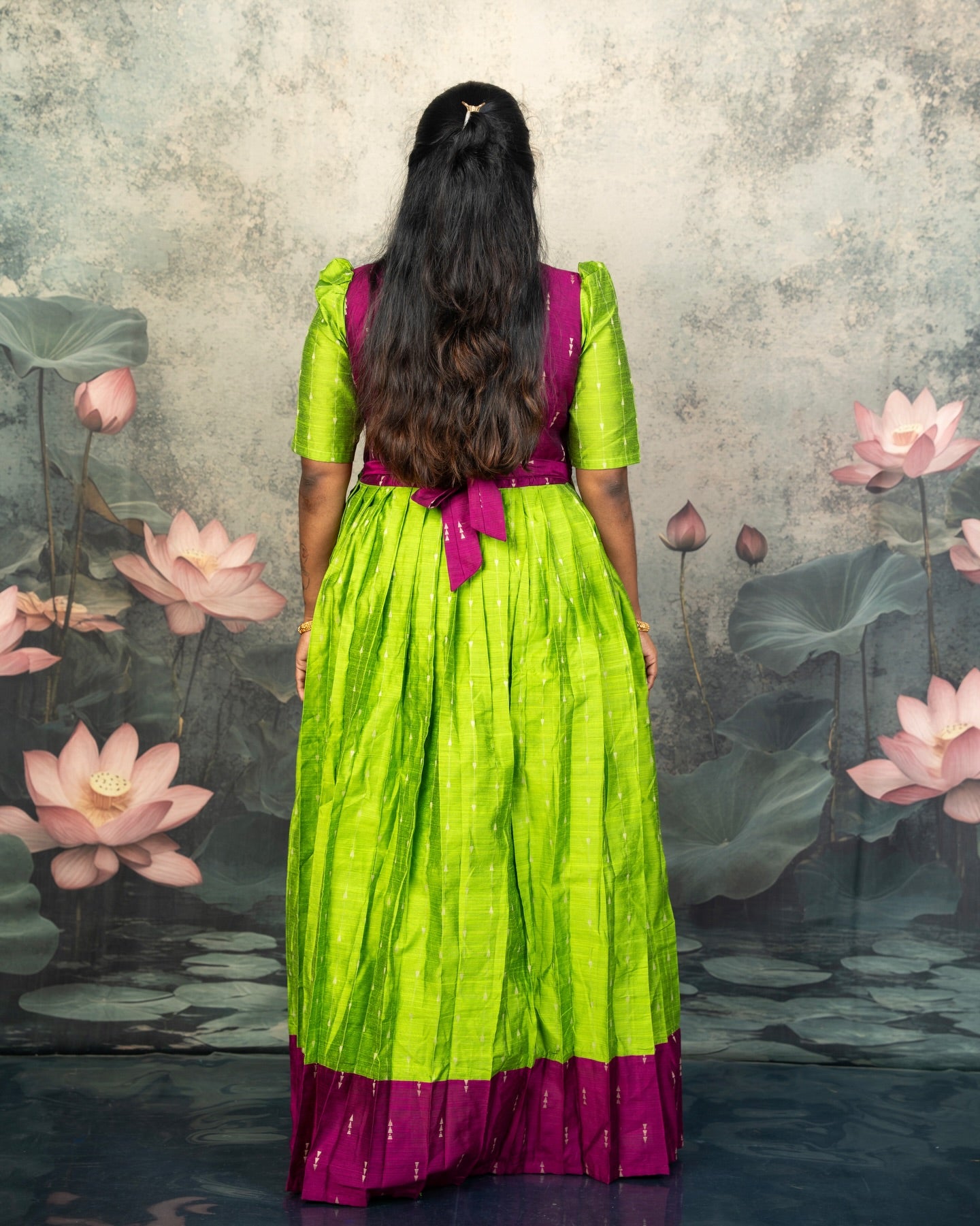 Raw Silk Light Green and Purple Mom Daughter Combo - Feeding Long Gown for Mom | Baby Frock