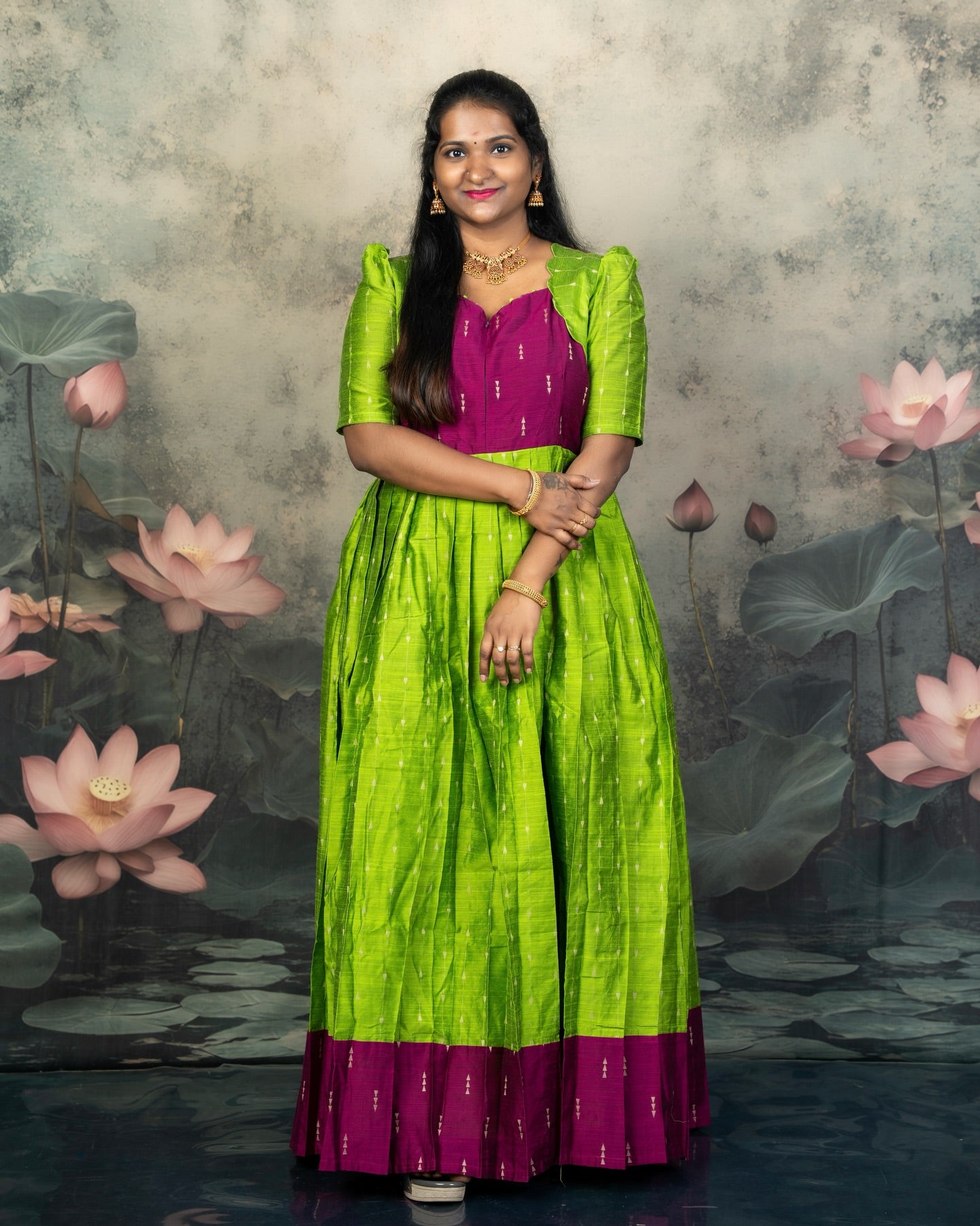 Raw Silk Light Green and Purple Mom Daughter Combo - Feeding Long Gown for Mom | Baby Frock