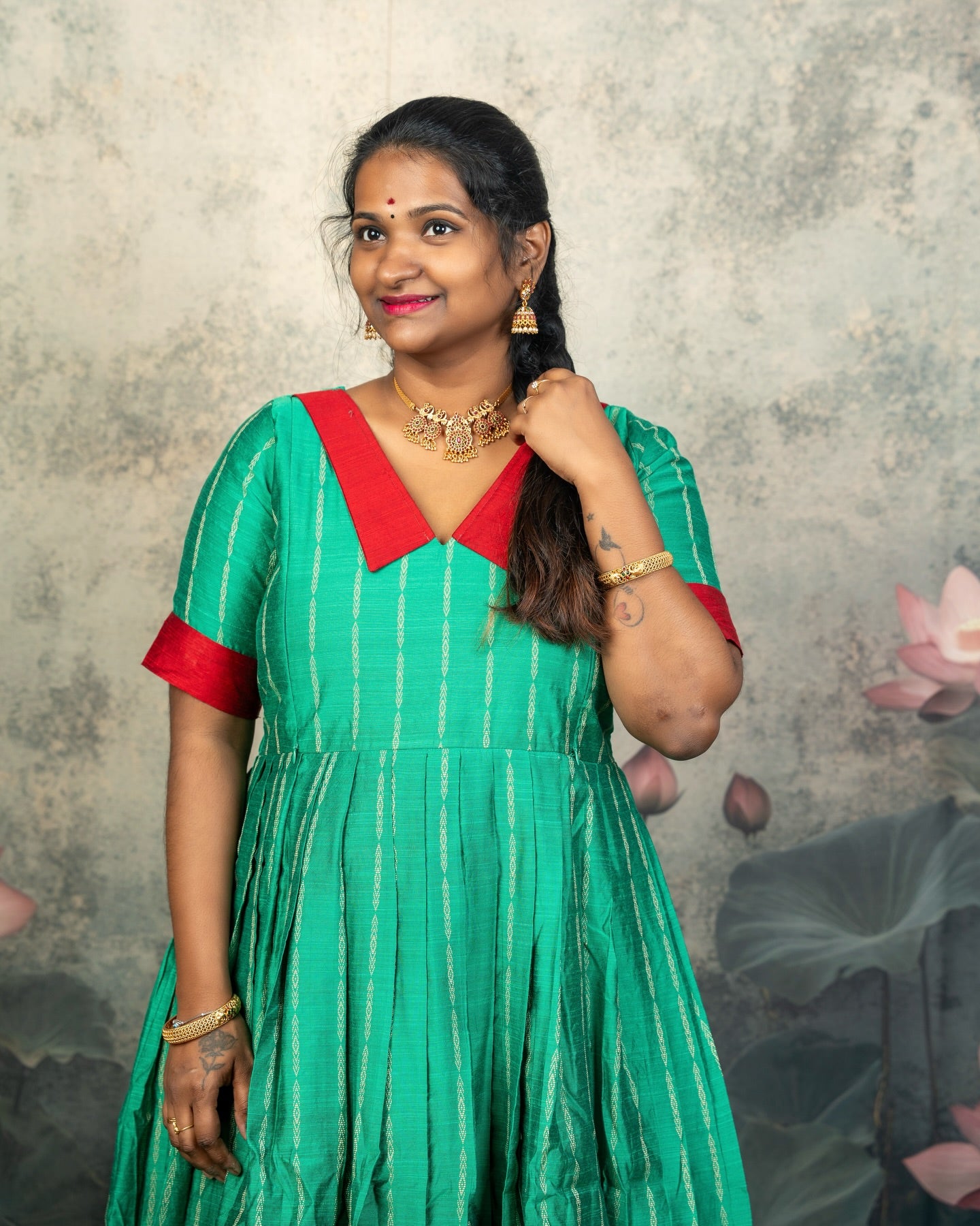 Raw Silk Red and Green Mom Daughter Combo - Feeding Long Gown for Mom | Baby Frock