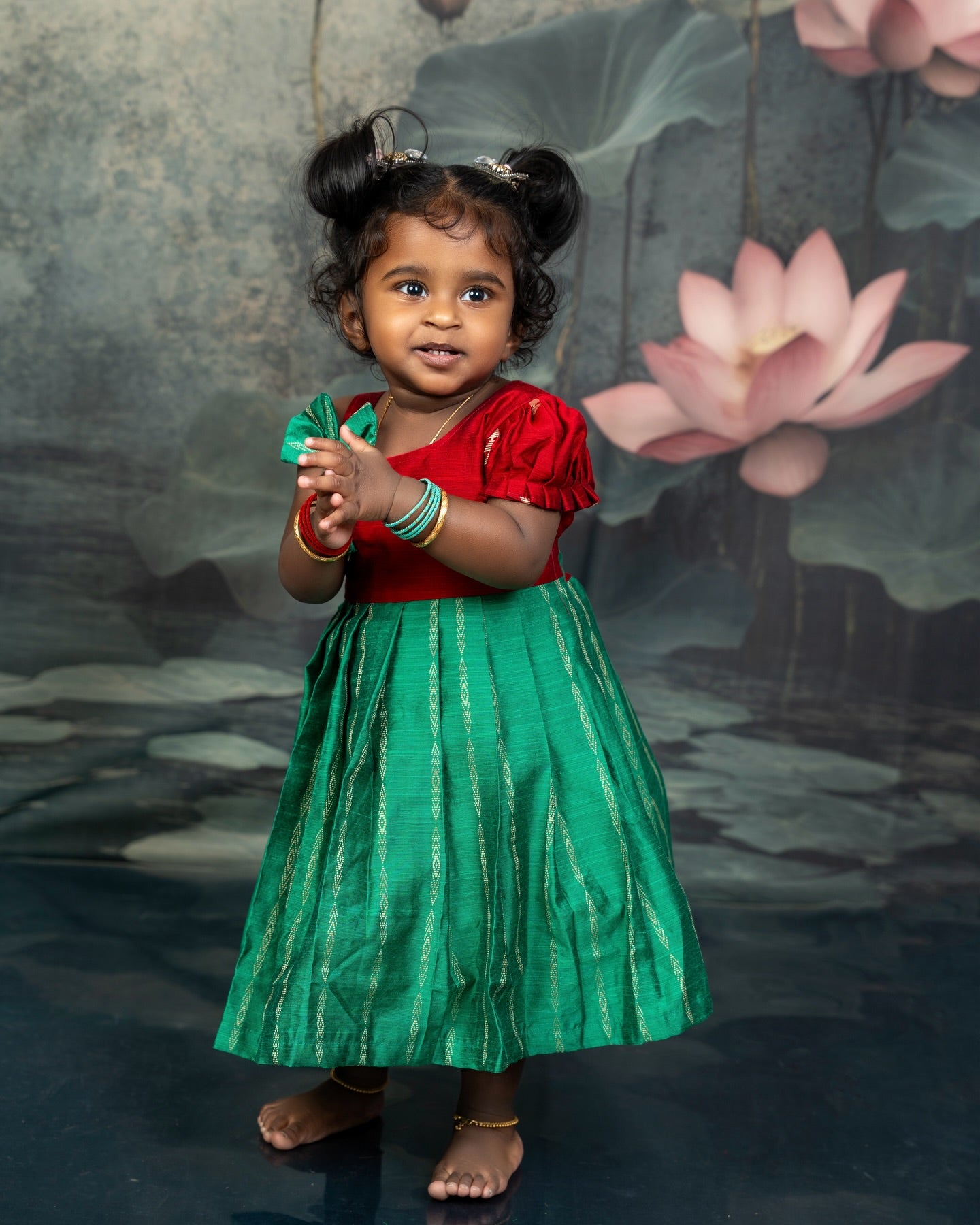 Green and Red Raw Silk Frock