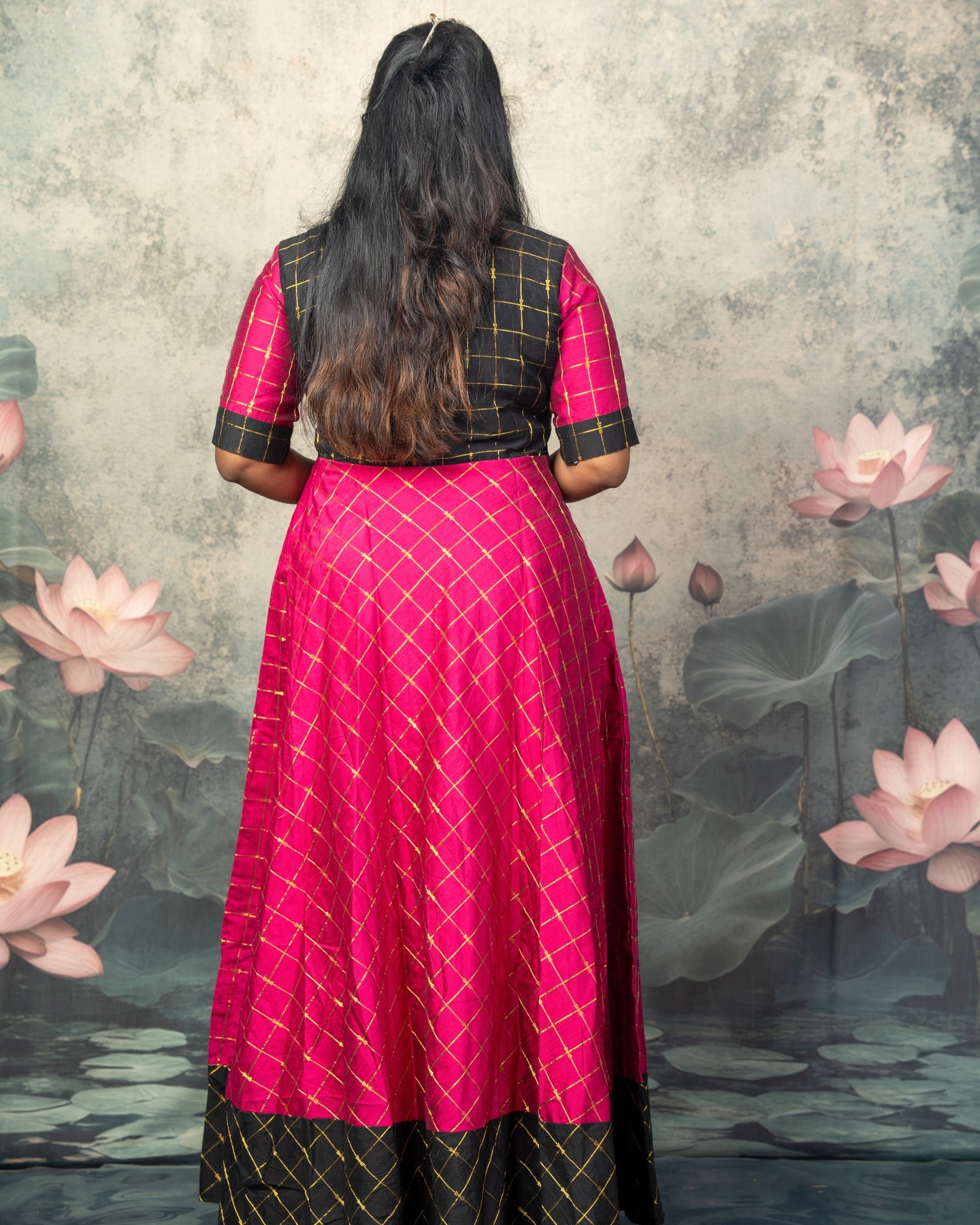 Raw Silk Black and Pink Mom Daughter Combo - Feeding Long Gown for Mom | Baby Frock