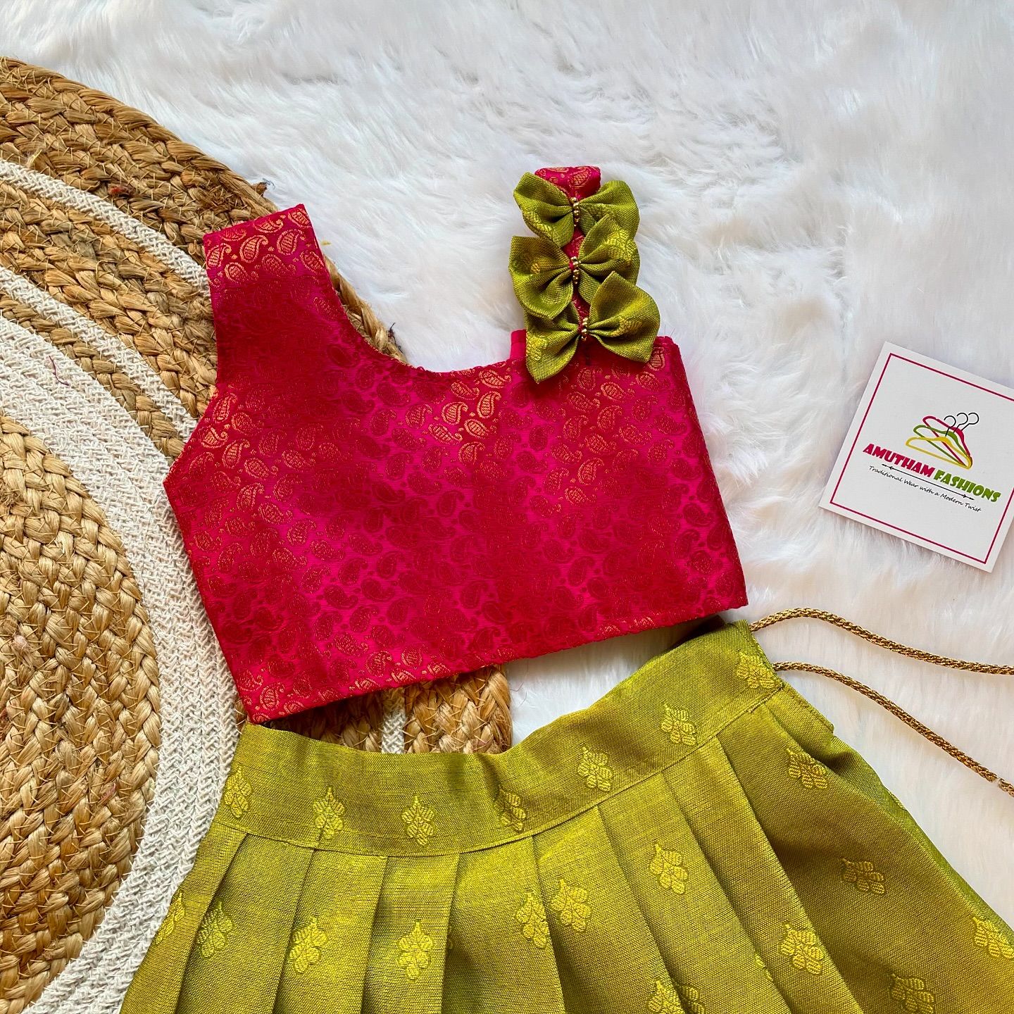 Apple Green and Pink Silk Paavadai Sattai