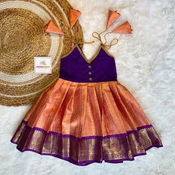 Premium Semi Kanchipattu Tie-Up Frock – Peach & Voilet Combo