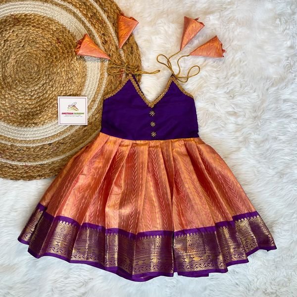 Premium Semi Kanchipattu Tie-Up Frock – Peach & Voilet Combo