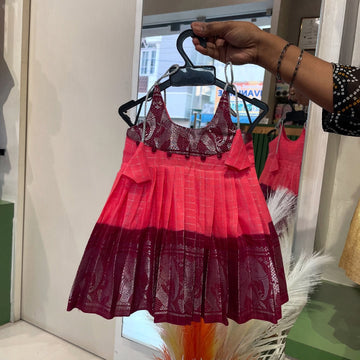 Peach & Maroon Handloom Cotton Madurai Sungudi Frock