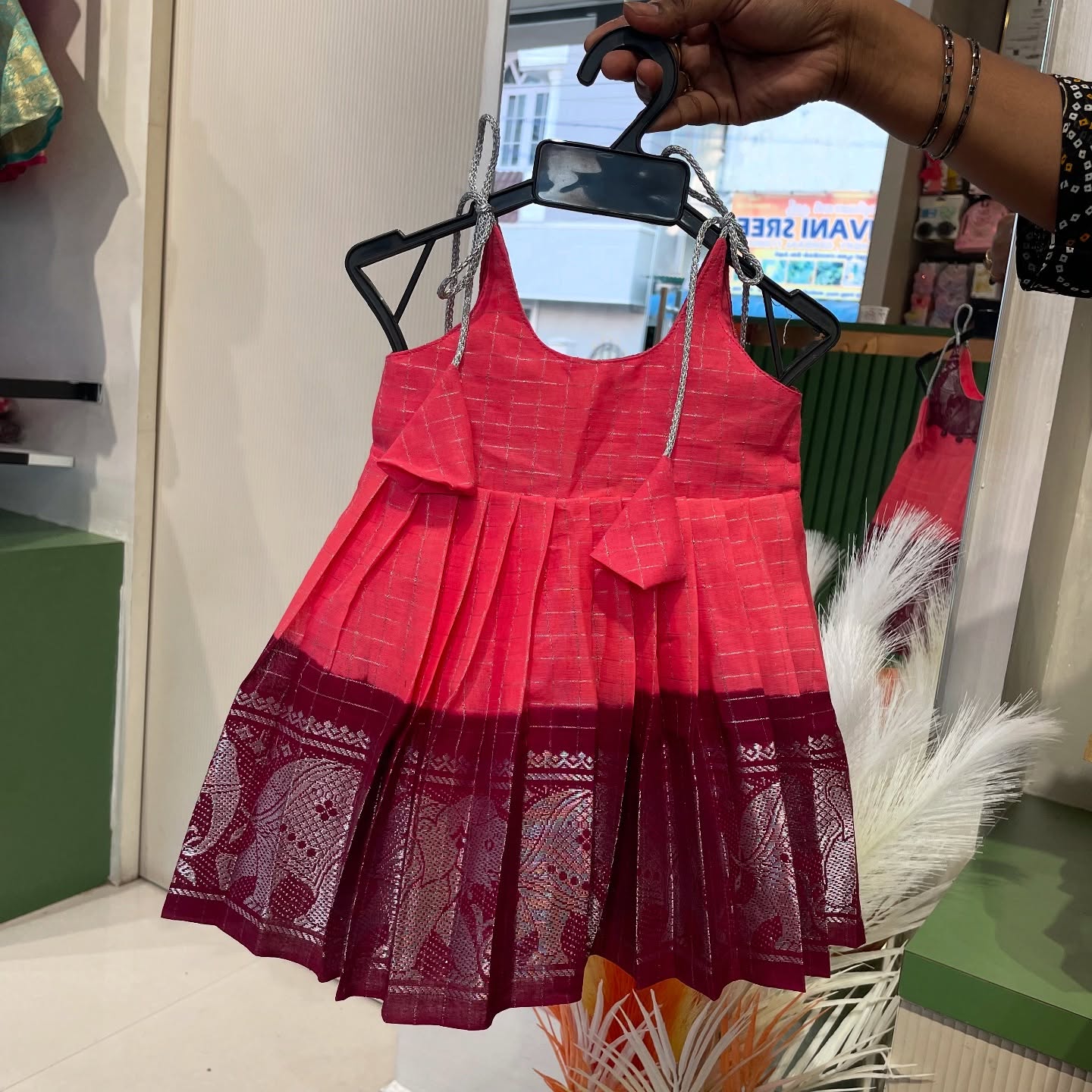 Peach & Maroon Handloom Cotton Madurai Sungudi Frock