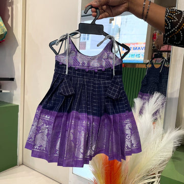 Dark Blue & Voilet Handloom Cotton Madurai Sungudi Frock