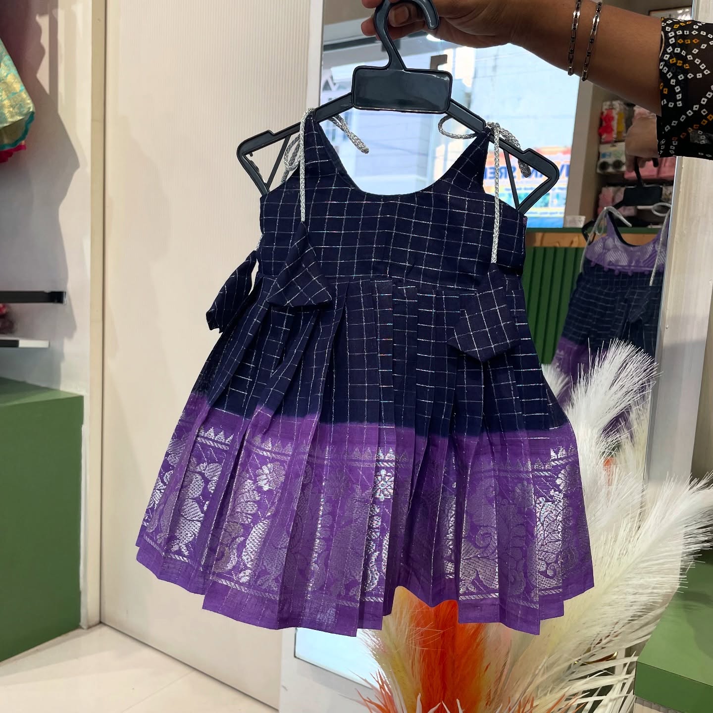 Dark Blue & Voilet Handloom Cotton Madurai Sungudi Frock