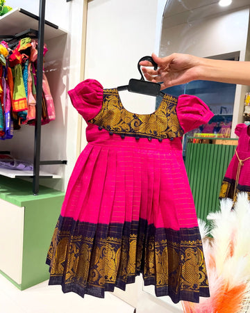 Magenta Pink with Dark Blue Madurai Sungudi Handloom Cotton Frock Puff Sleeves