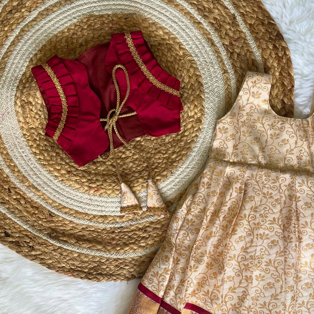 Golden Cream Color Semi Kanchipattu Maroon Border Sleeveless Frock & Maroon Overcoat