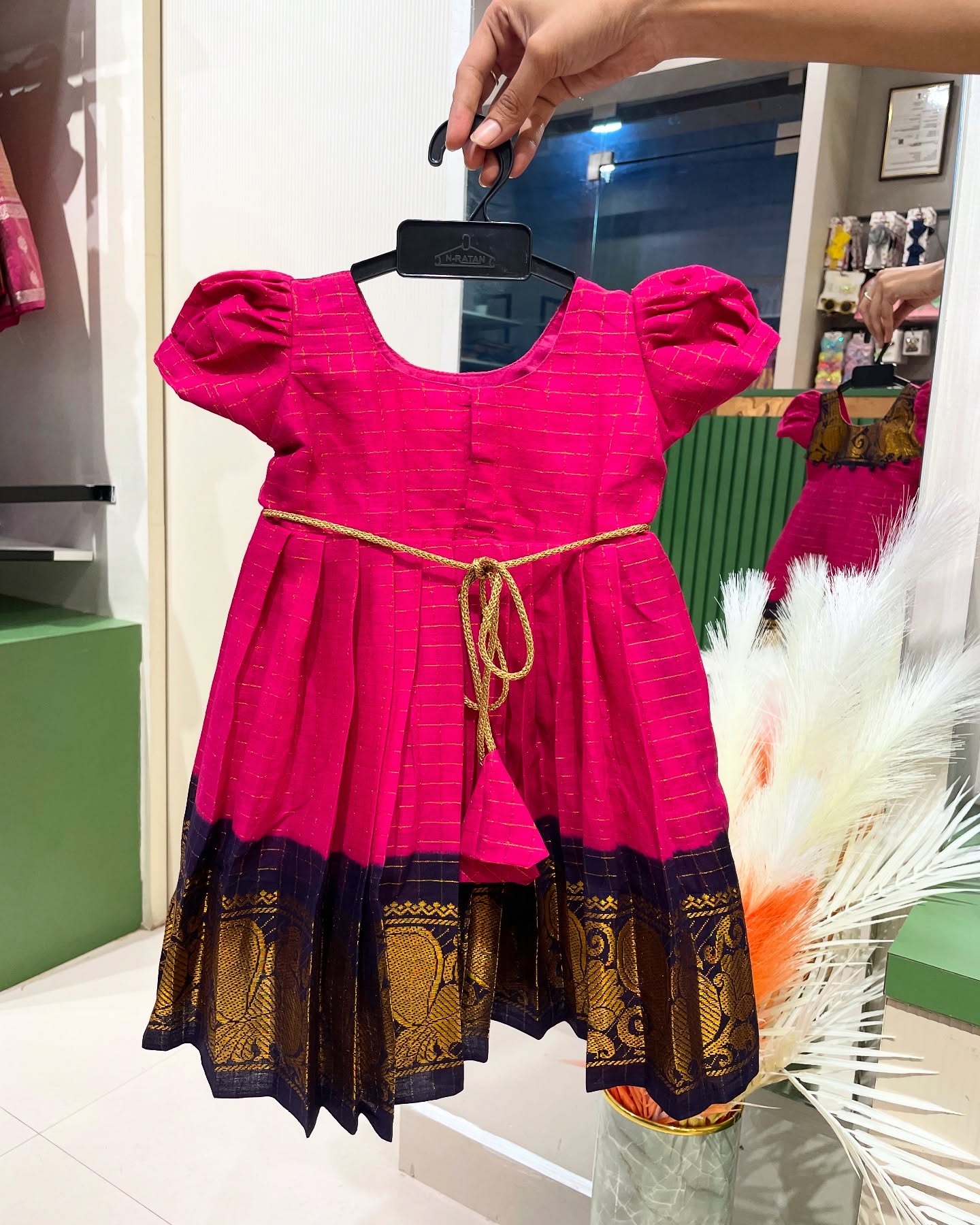 Magenta Pink with Dark Blue Madurai Sungudi Handloom Cotton Frock Puff Sleeves