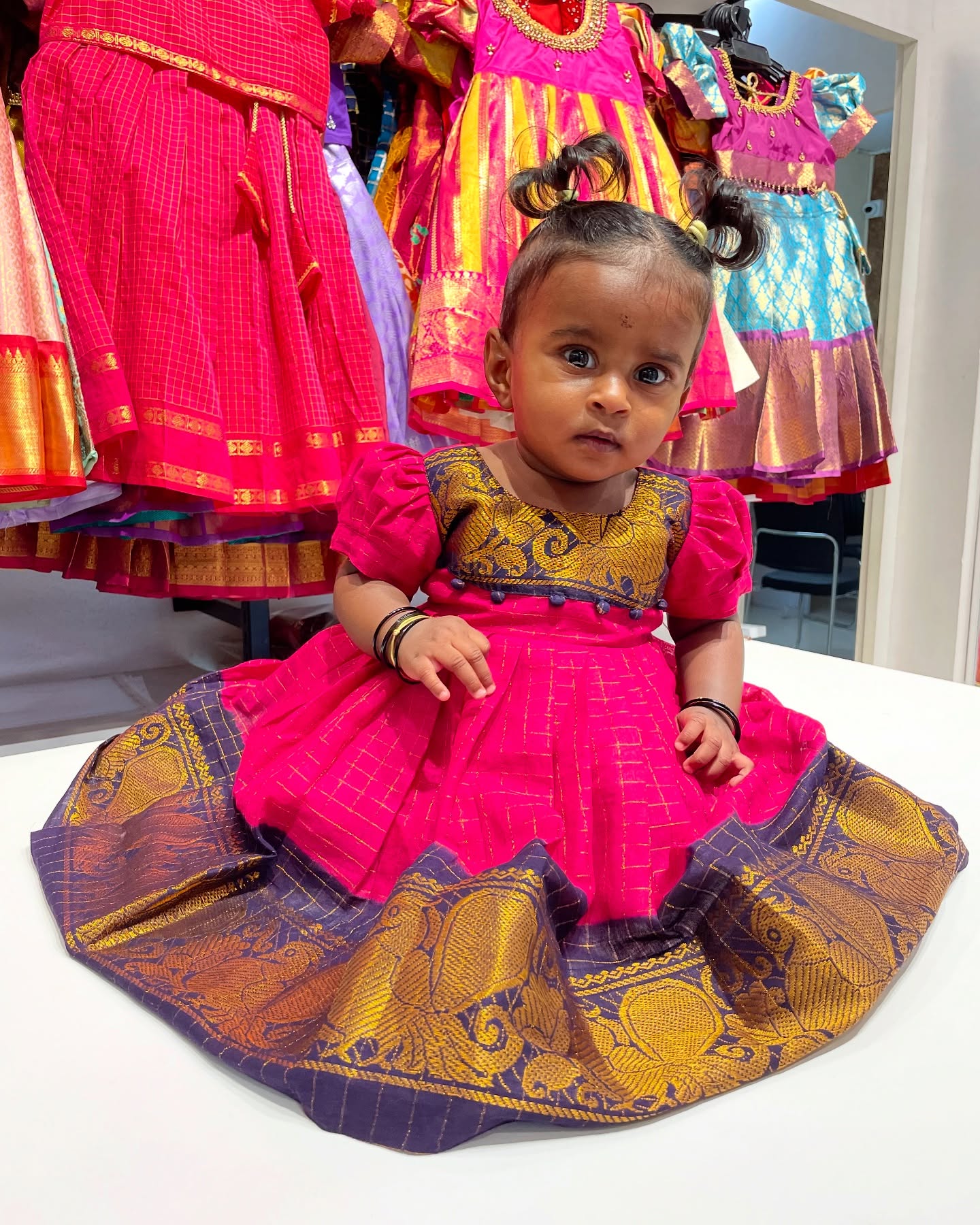 Magenta Pink with Dark Blue Madurai Sungudi Handloom Cotton Frock Puff Sleeves