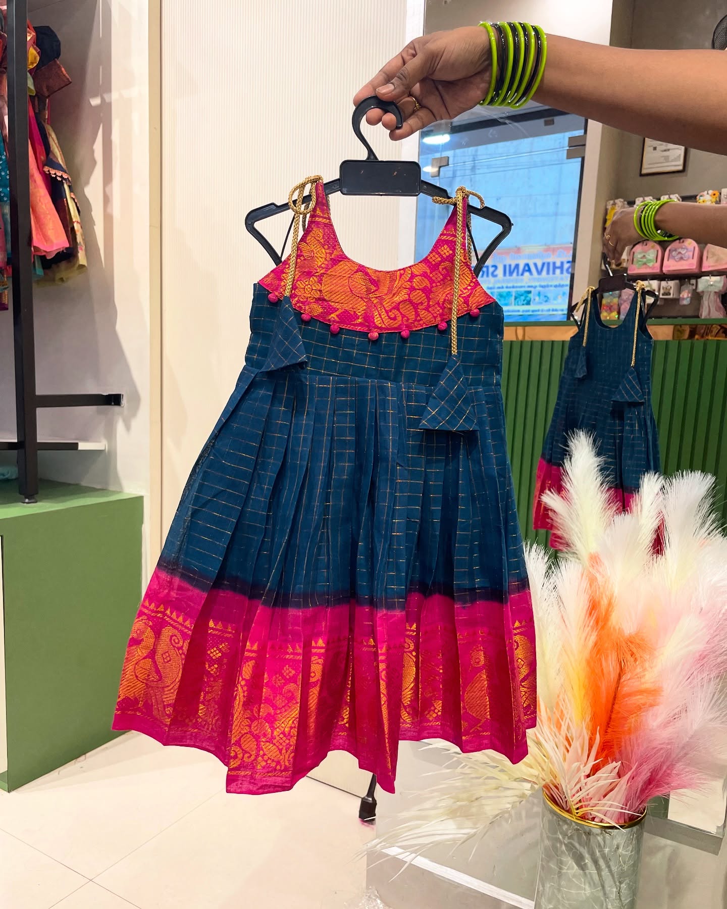 Sungudi Cotton Knot Frock – Peacock Blue with Pink