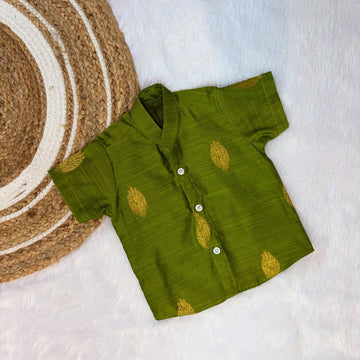 Premium Raw Silk Cotton Kids Shirt –Olive Green