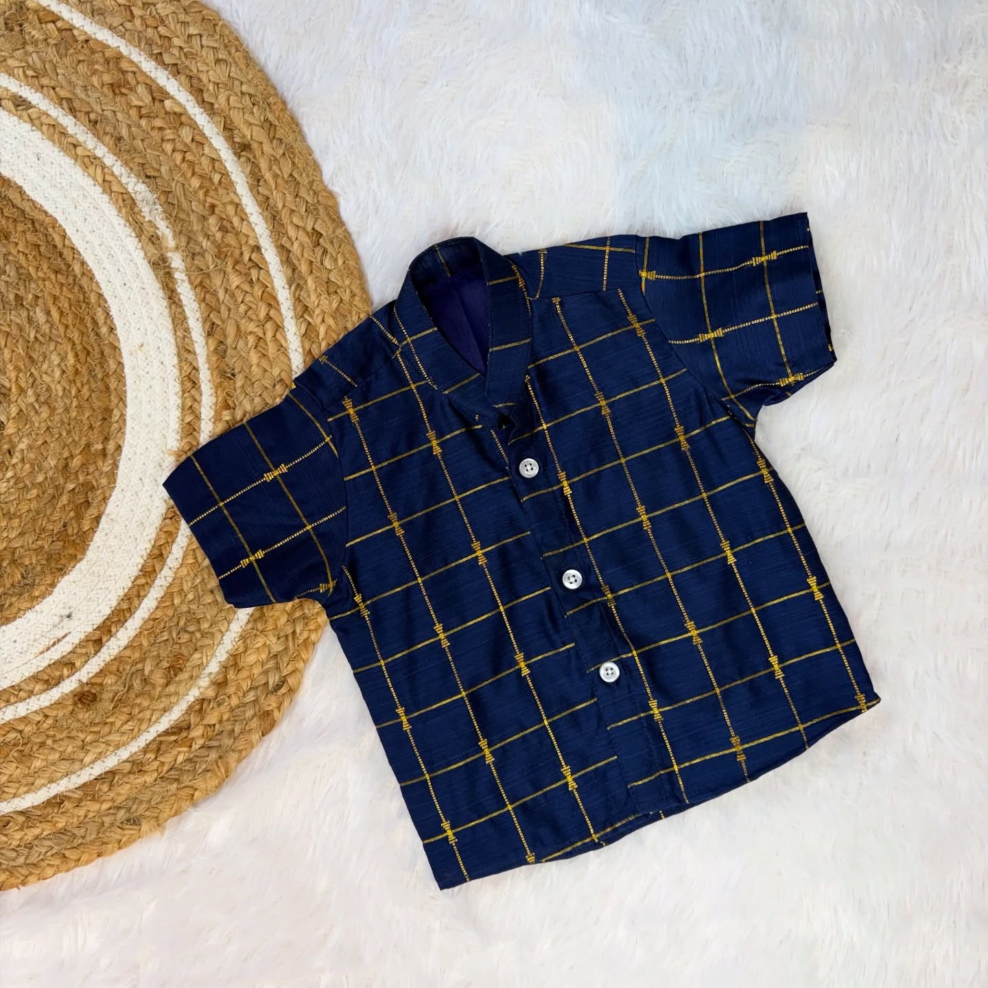 Premium Raw Silk Cotton Kids Shirt – Dark Blue