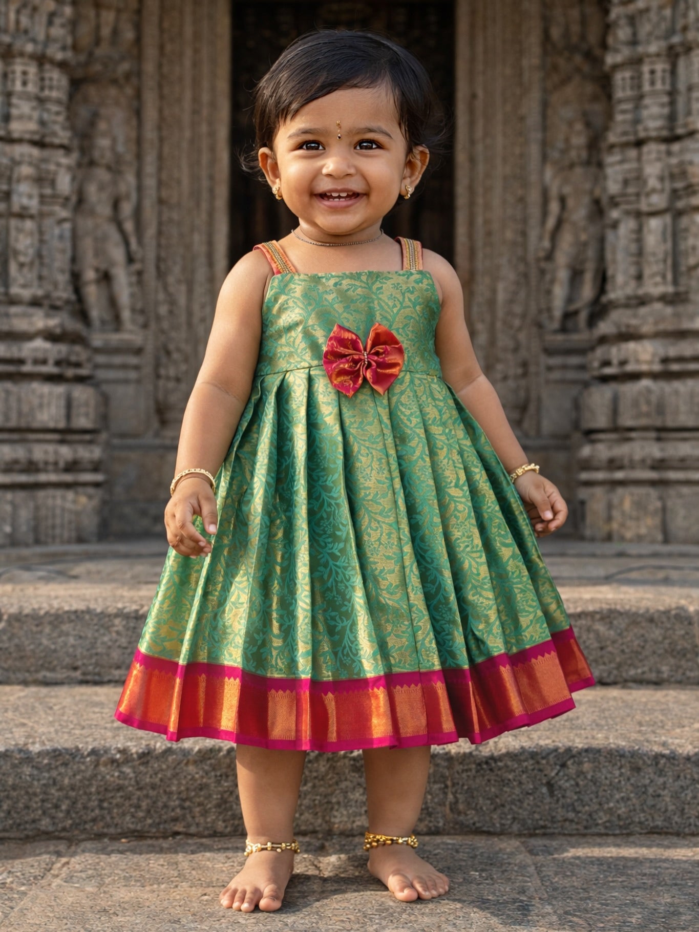 Celebrate this festive season with our Premium Green with Pink Kanchipattu Frock