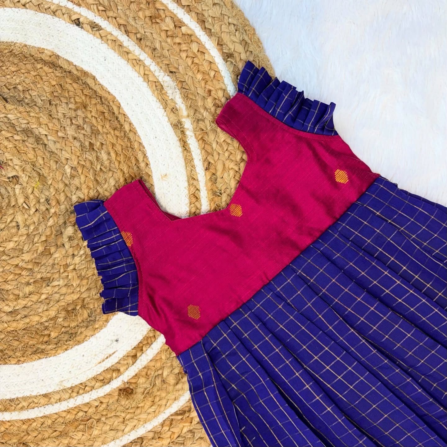 Pink and Royal Blue Ethnic Pattu Frock