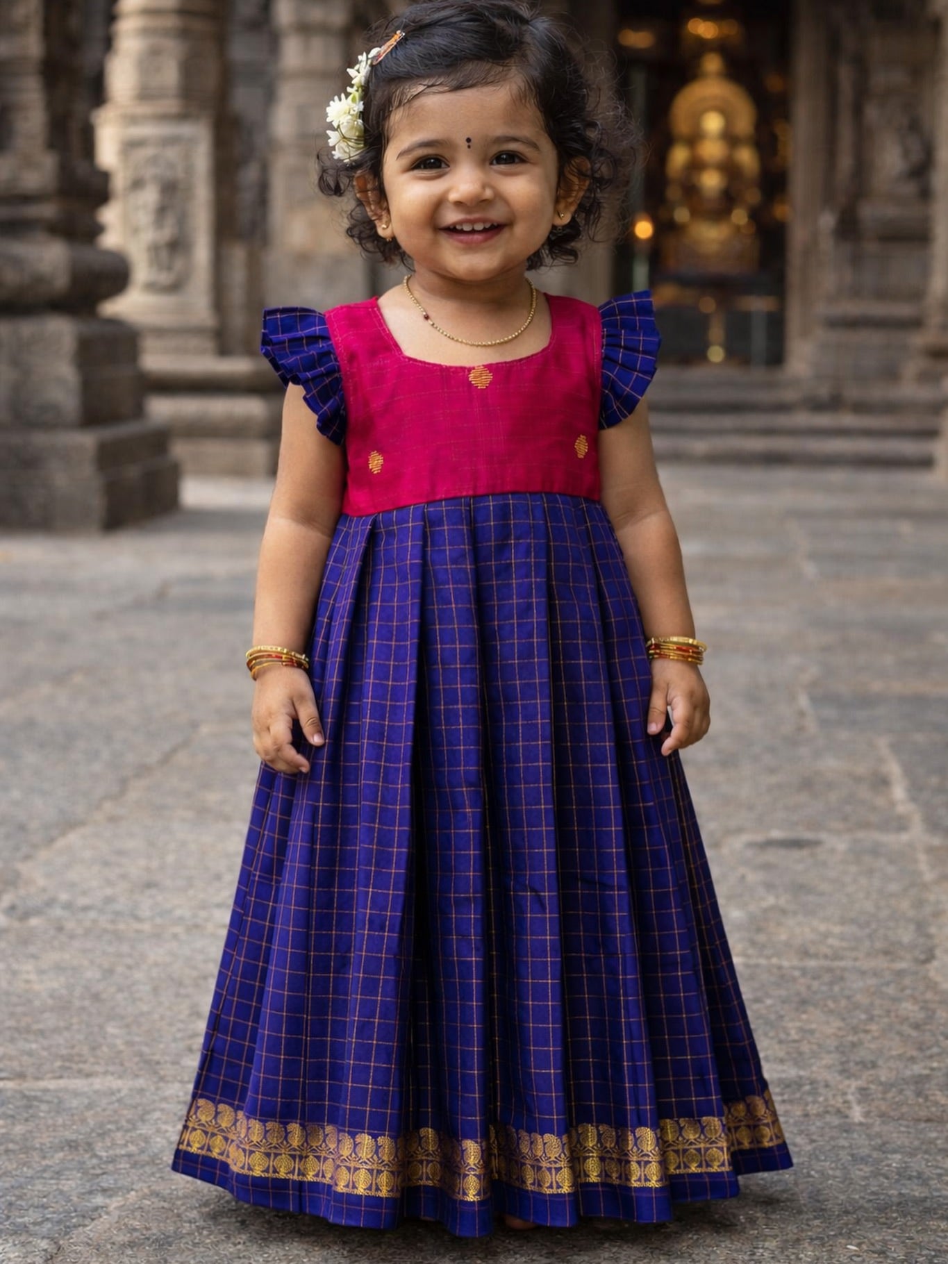 Pink and Royal Blue Ethnic Pattu Frock