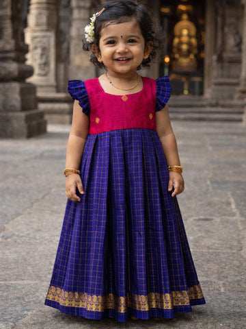 Pink and Royal Blue Ethnic Pattu Frock
