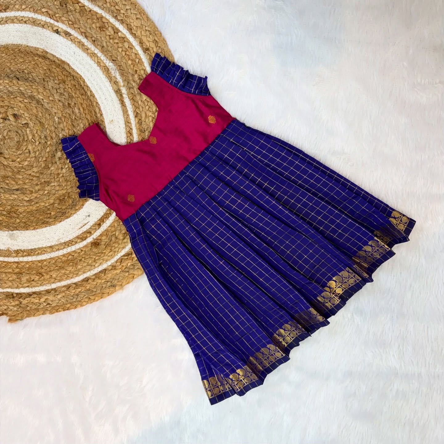 Pink and Royal Blue Ethnic Pattu Frock