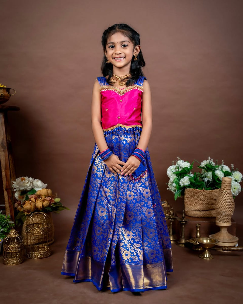 SINAMIKA - Blue and Pink Premium Semi Kanchipattu Pattu Pavadai Sattai