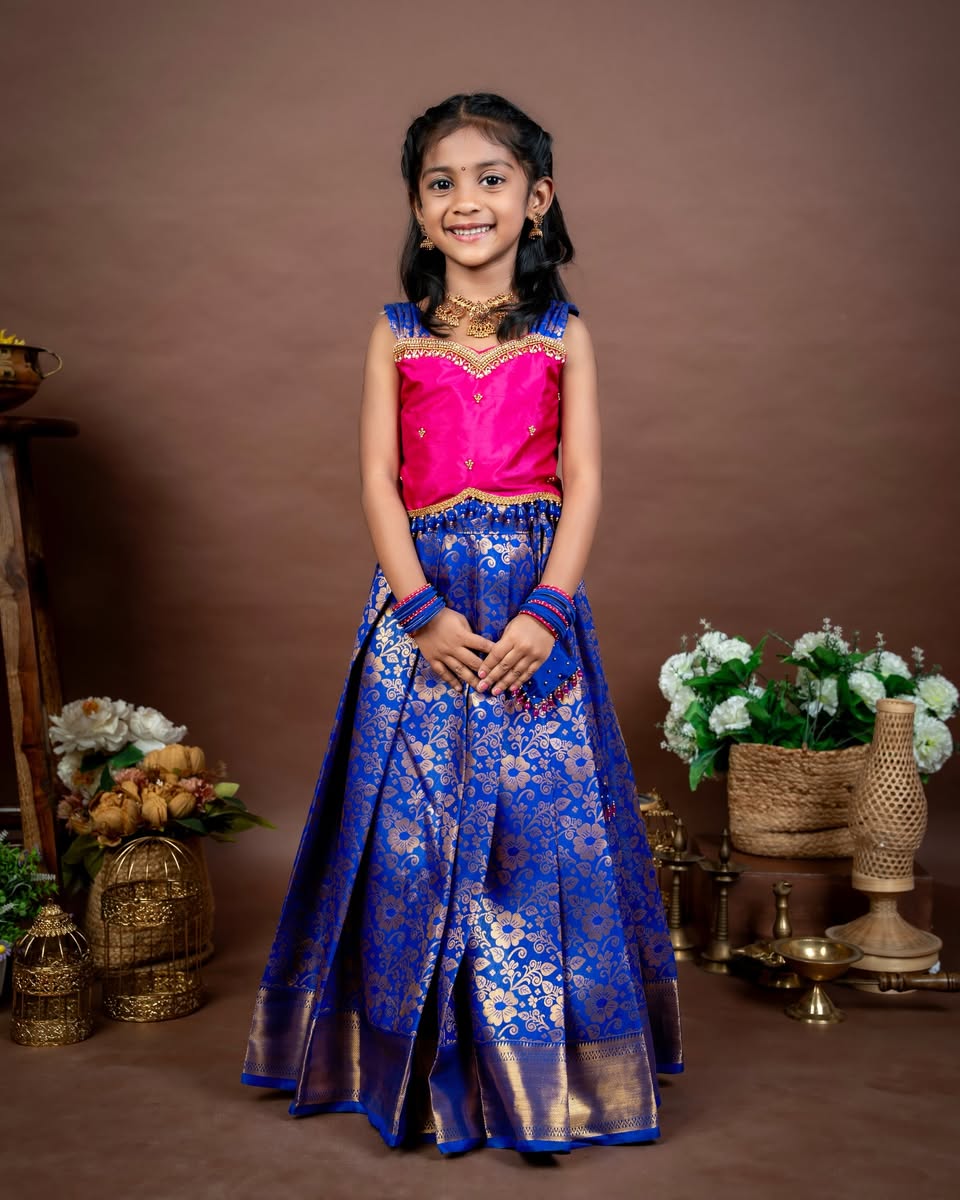 SINAMIKA - Blue and Pink Premium Semi Kanchipattu Pattu Pavadai Sattai