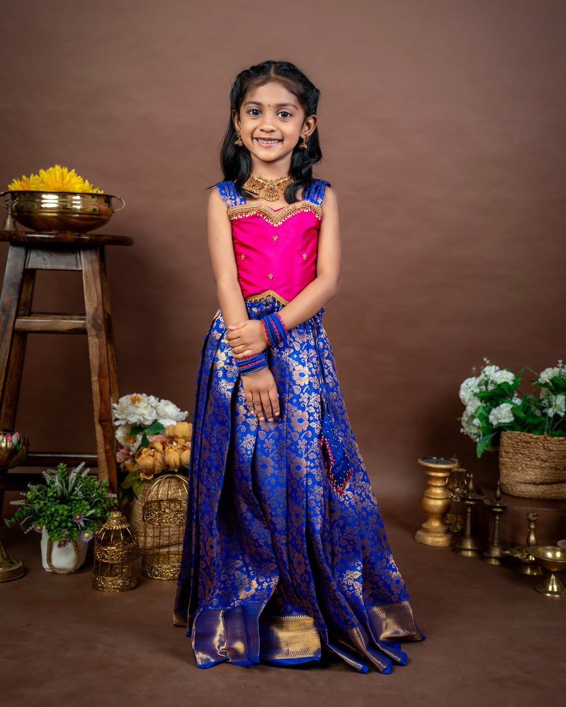 SINAMIKA - Blue and Pink Premium Semi Kanchipattu Pattu Pavadai Sattai