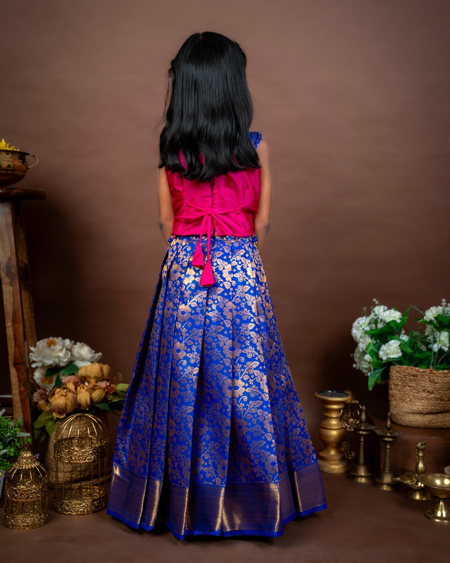 SINAMIKA - Blue and Pink Premium Semi Kanchipattu Pattu Pavadai Sattai