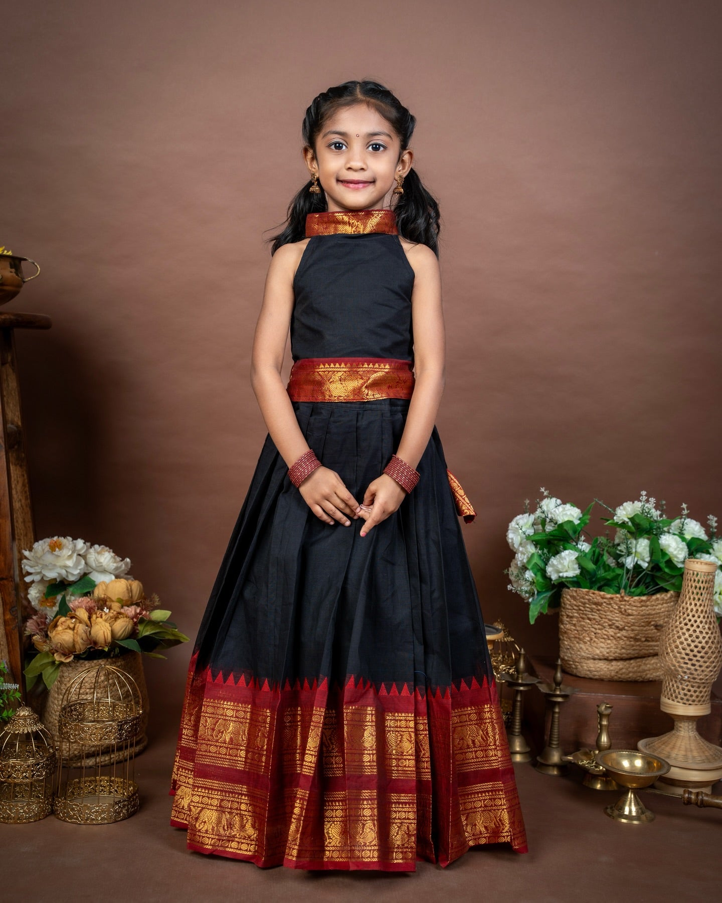 Black and Red Combo Kanchicotton Skirt and Halter Neck Top