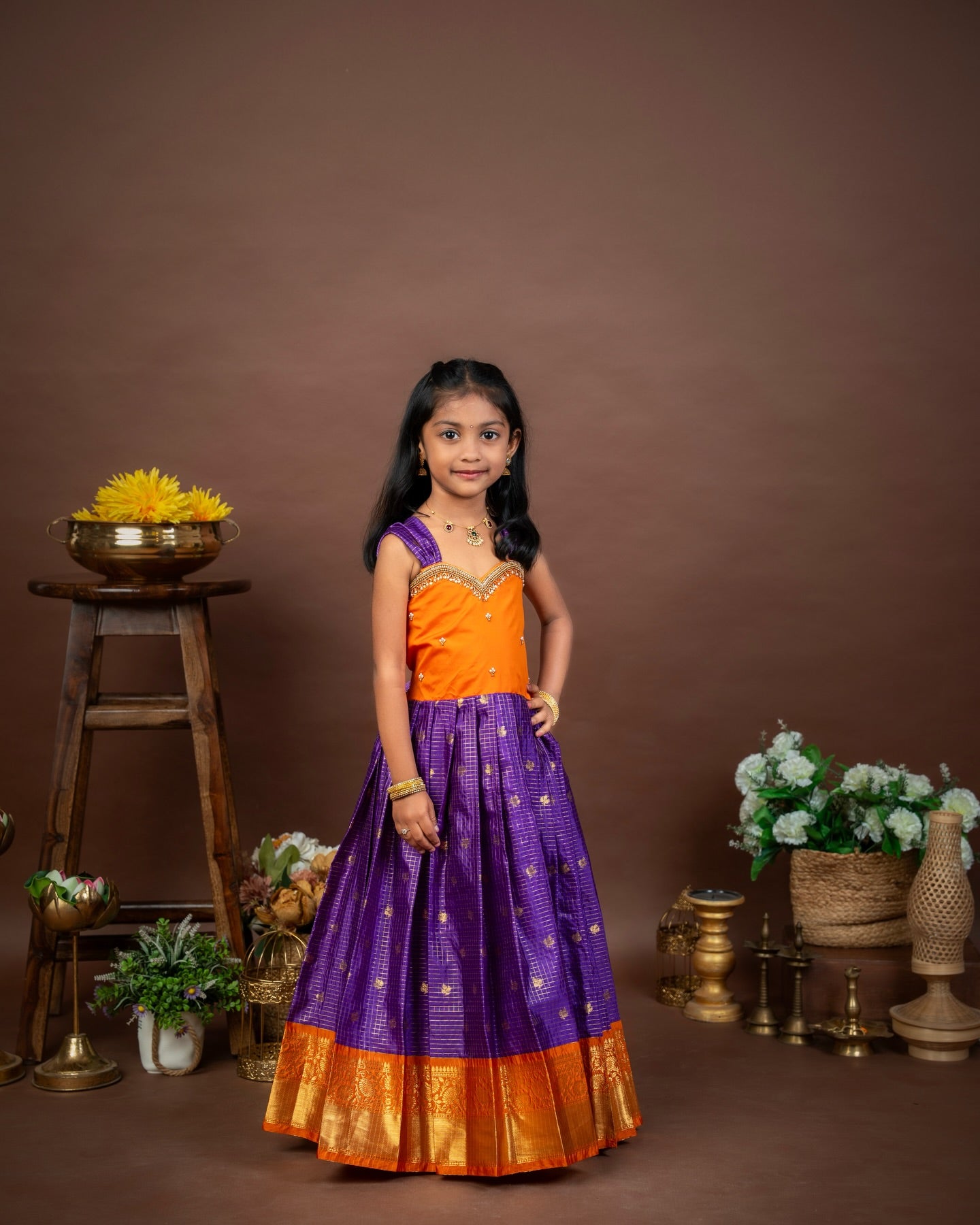 SITARA - Voilet and Orange Vintage Combo Banarasi Frock with Aari-Work Neckline